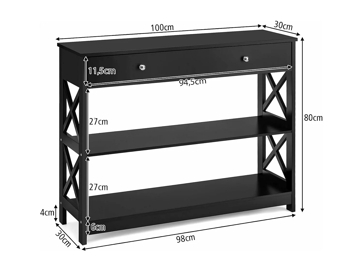 Table console, console entrée avec tiroir et 2 étagères,100 x 30 x 80 cm (noir)