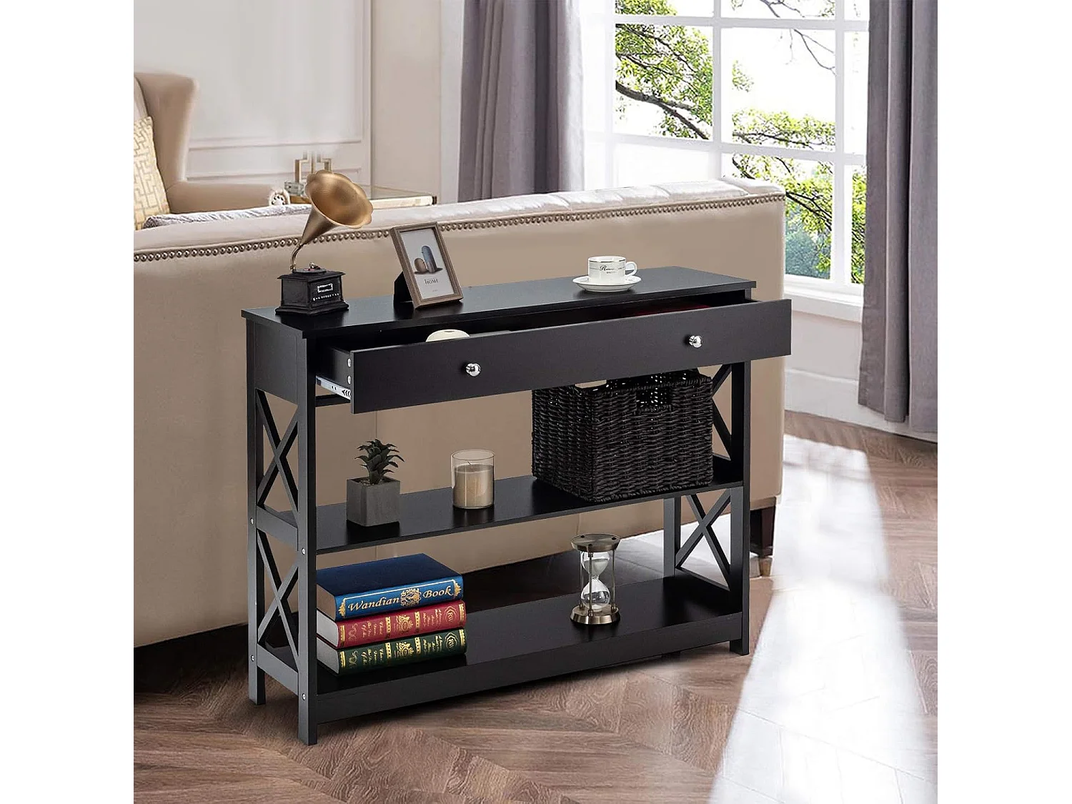 Table console, console entrée avec tiroir et 2 étagères,100 x 30 x 80 cm (noir)