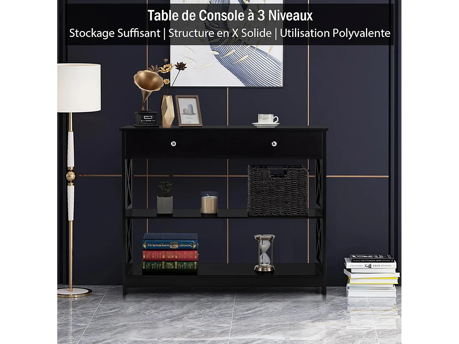 Table console, console entrée avec tiroir et 2 étagères,100 x 30 x 80 cm (noir)