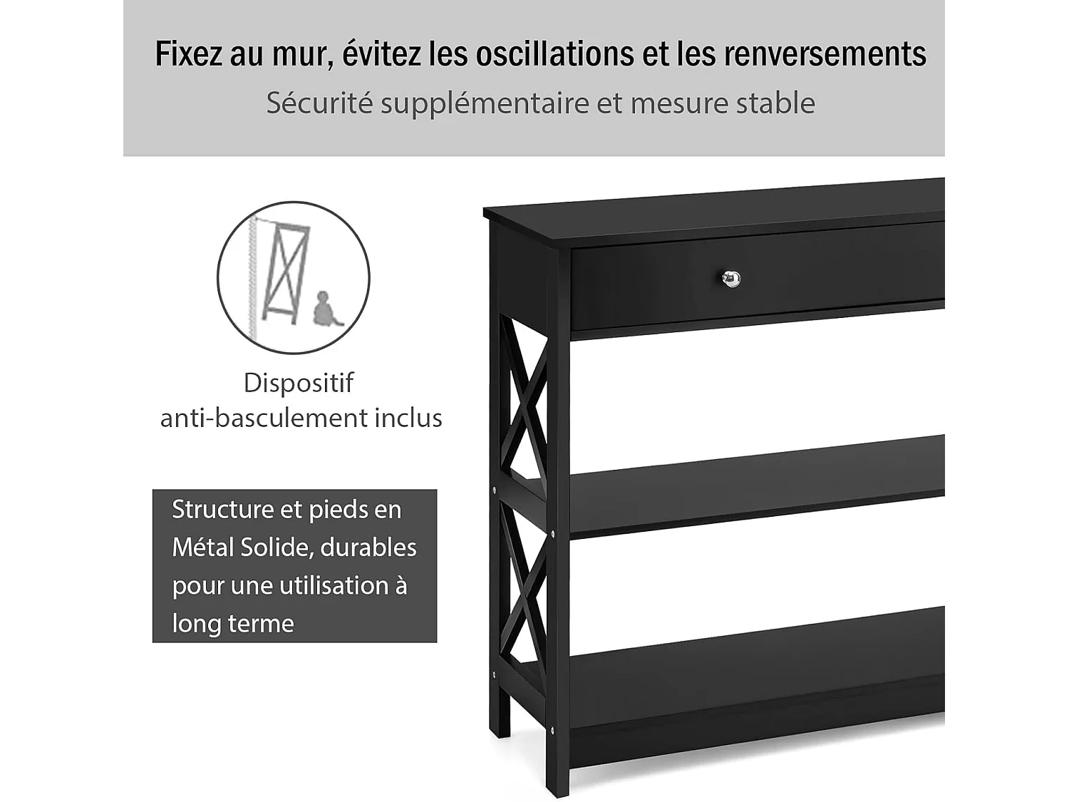 Table console, console entrée avec tiroir et 2 étagères,100 x 30 x 80 cm (noir)