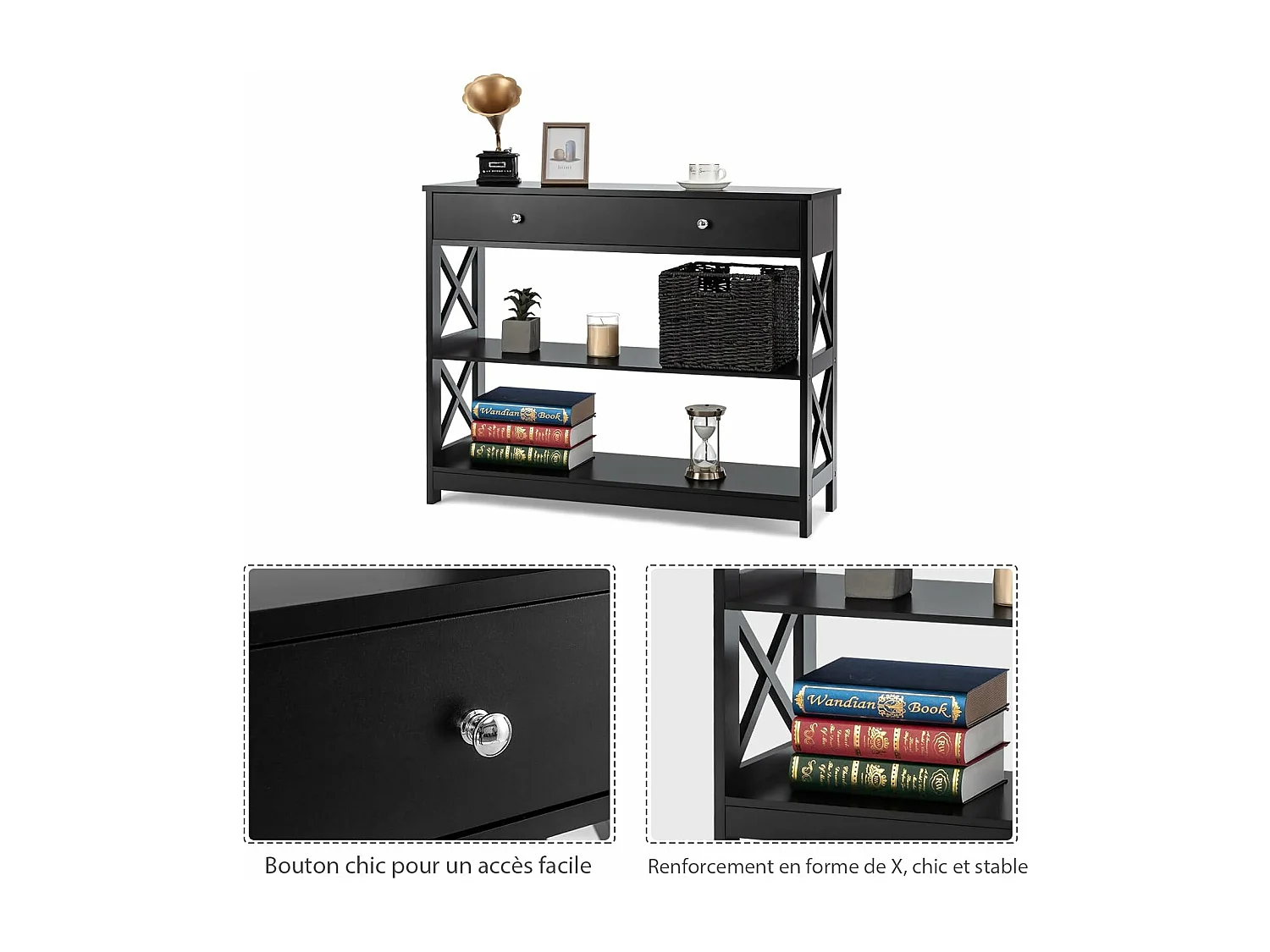 Table console, console entrée avec tiroir et 2 étagères,100 x 30 x 80 cm (noir)