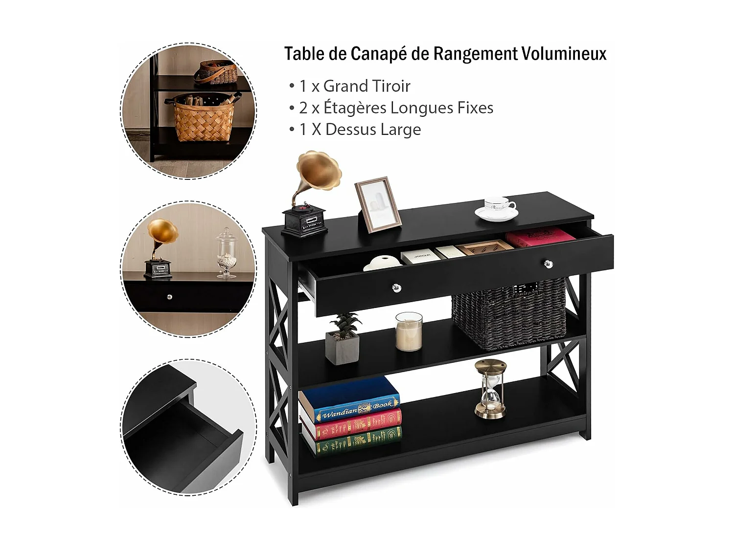 Table console, console entrée avec tiroir et 2 étagères,100 x 30 x 80 cm (noir)
