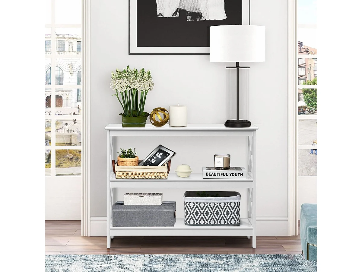 Consoletafel met 2 planken, 100 x 33 x 80 cm, industriële stijl bijzettafel, wit