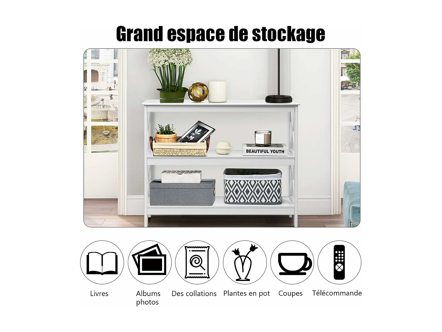 Table de Console à 2 Étagère 100 x 33 x 80 cm Bout de Canapé Style Industriel, Blanc