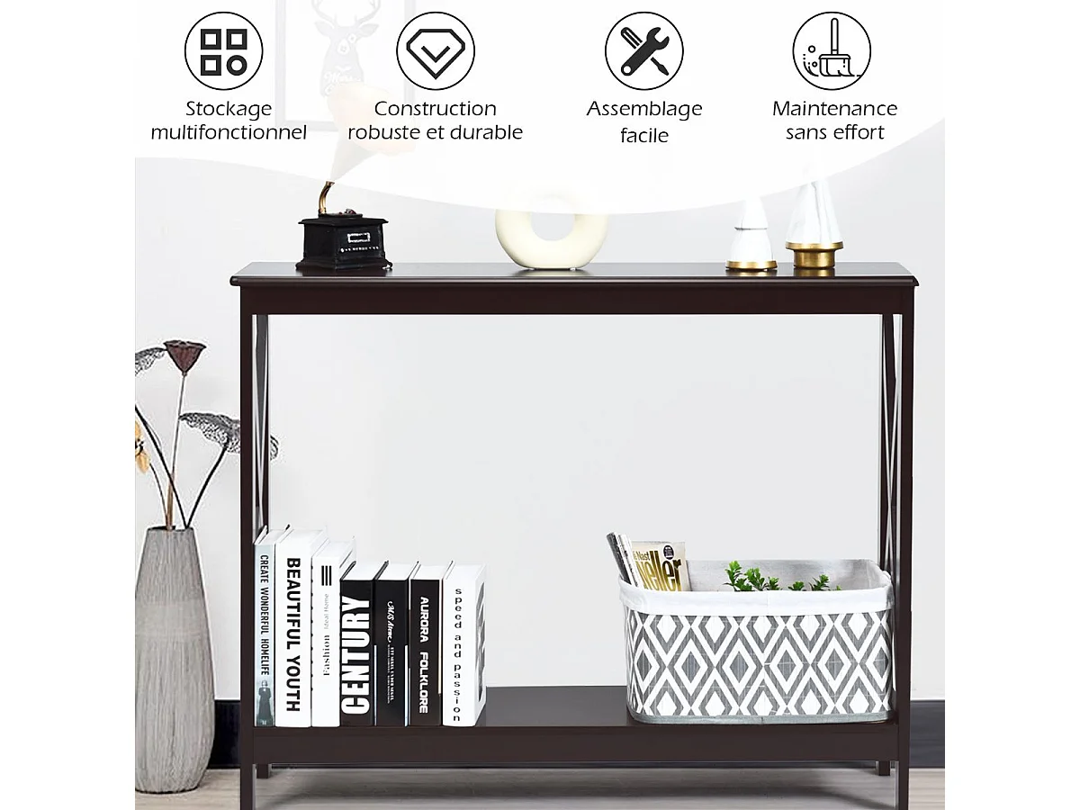 Table console/table d'appoint industrielle à 2 niveaux, 100 x 30 x 80 cm, marron