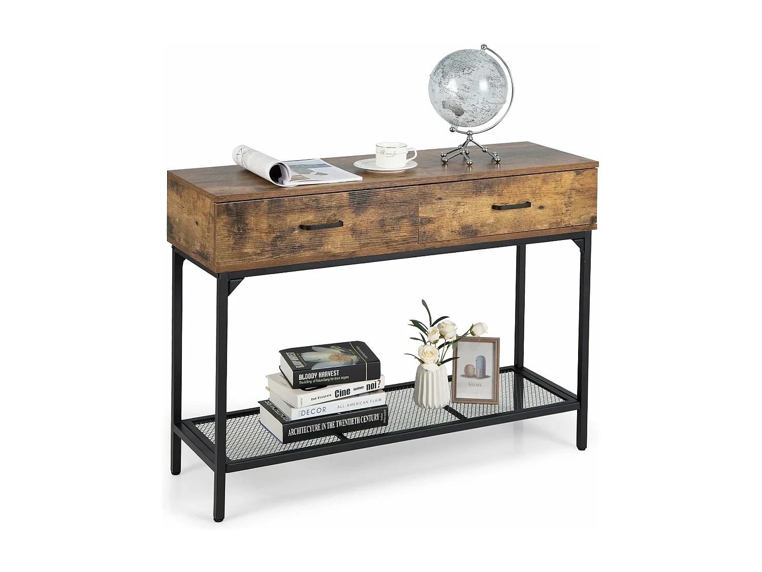 Table console industrielle 2 tiroirs, cadre en métal, marron rustique, 100 x 35 x 76 cm