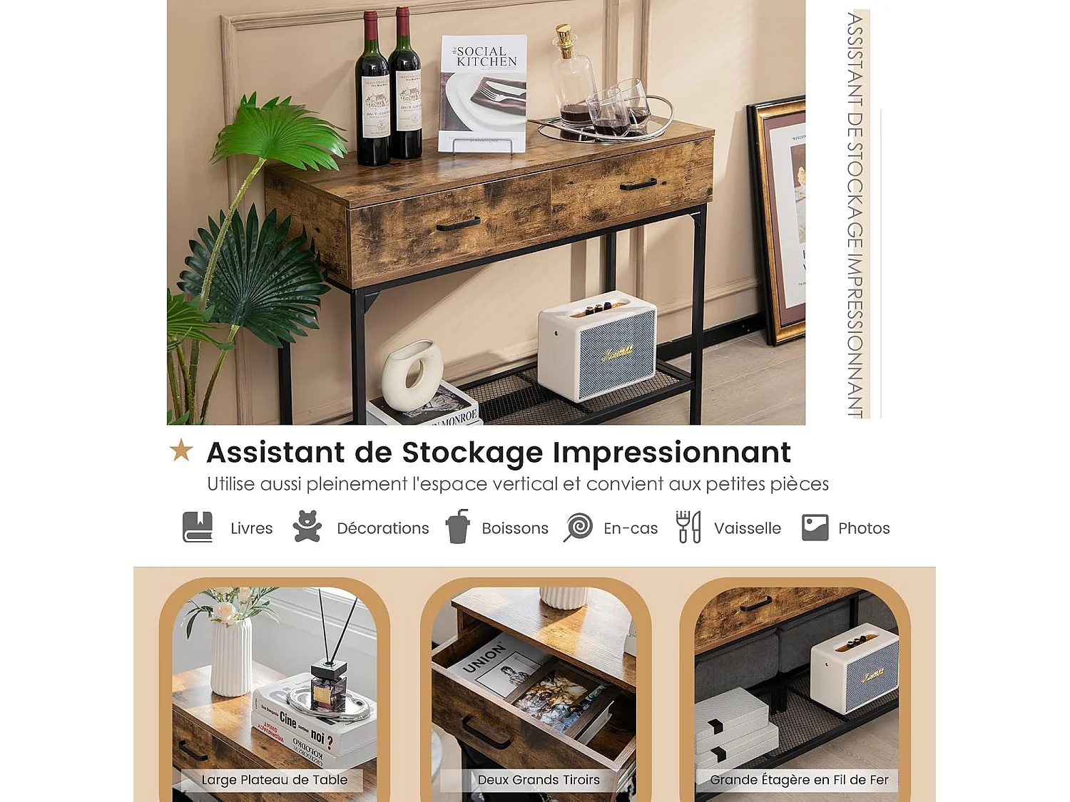 Table console industrielle 2 tiroirs, cadre en métal, marron rustique, 100 x 35 x 76 cm