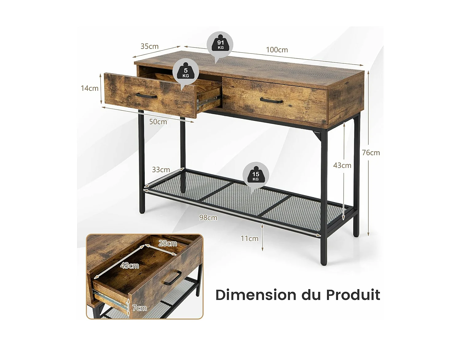 Table console industrielle 2 tiroirs, cadre en métal, marron rustique, 100 x 35 x 76 cm