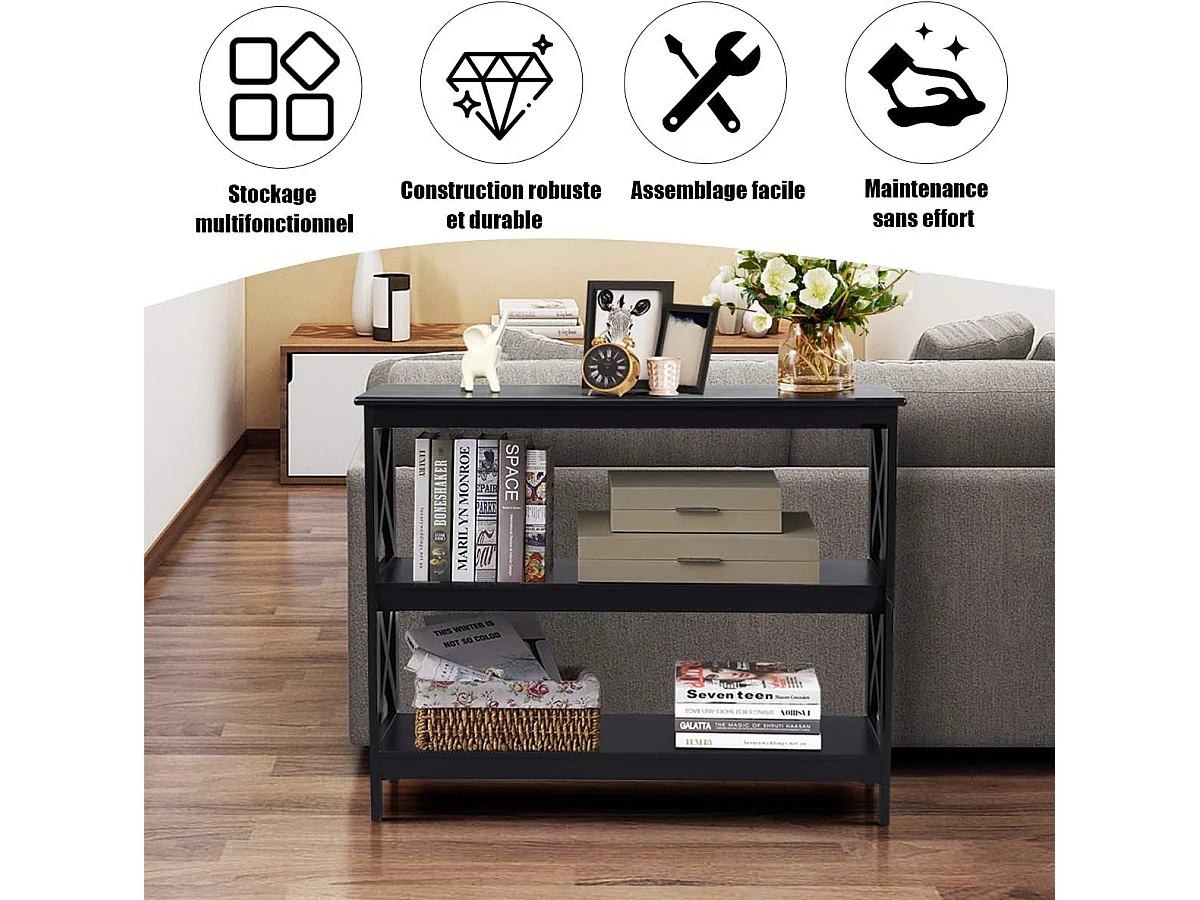 Table console d'appoint industrielle à 3 niveaux, meuble pour entrée, 100 x 30 x 80 cm