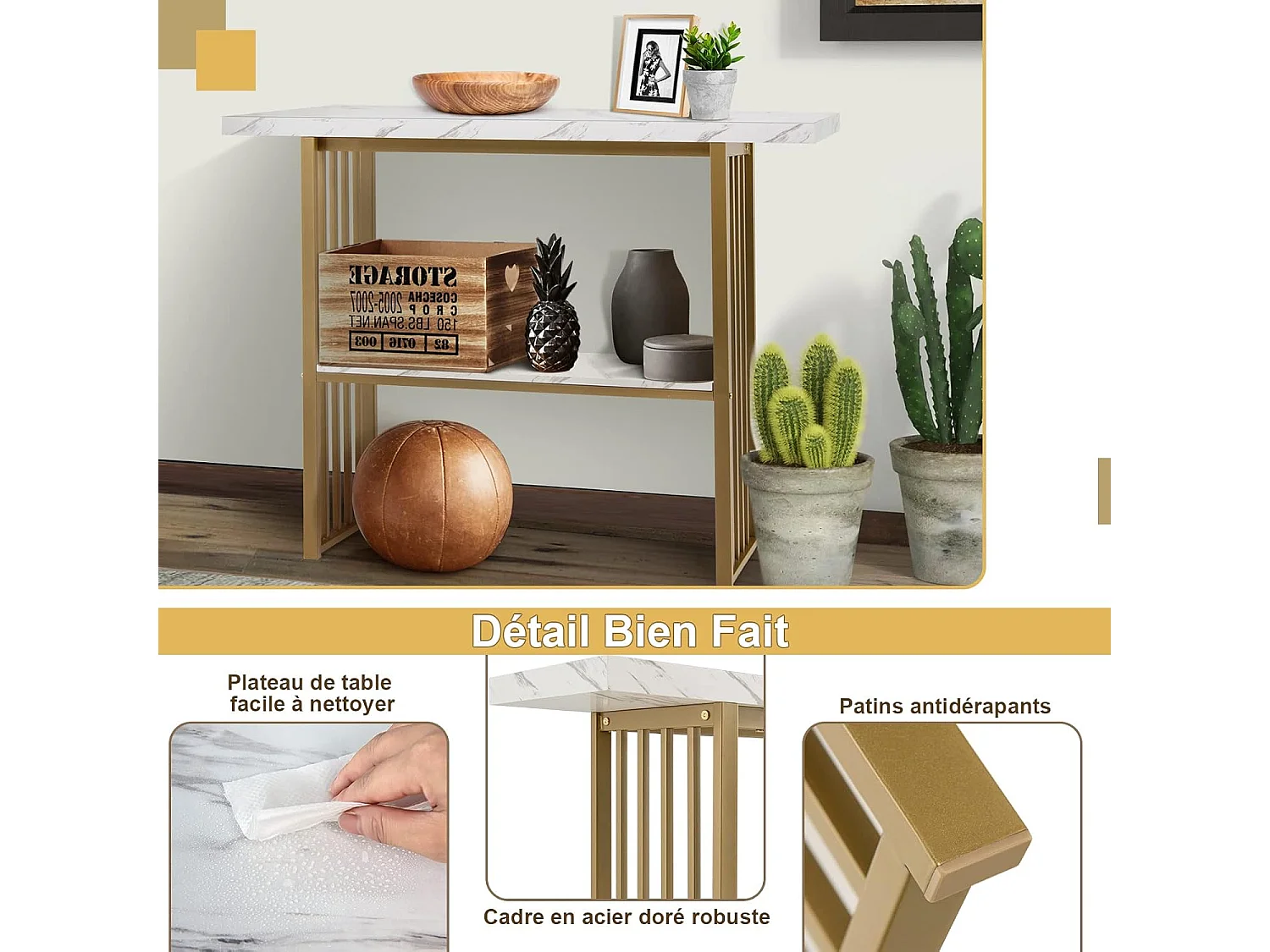 Table Console Marbre à 2 Niveaux Scandinave, Meuble d'Entrée Doré Cadre en Métal, Console Meuble pour Entrée, Salon, Chambre, Doré