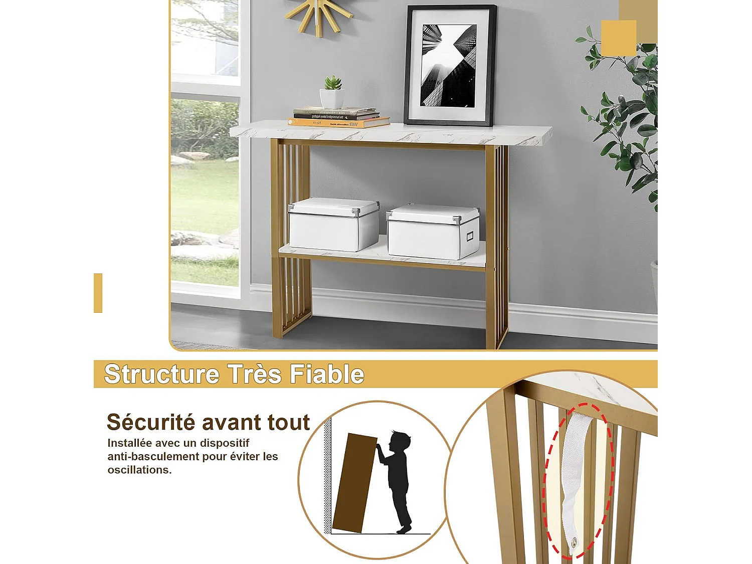 Table Console Marbre à 2 Niveaux Scandinave, Meuble d'Entrée Doré Cadre en Métal, Console Meuble pour Entrée, Salon, Chambre, Doré