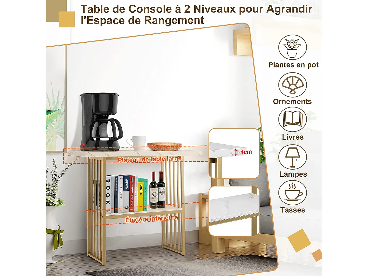 Table Console Marbre à 2 Niveaux Scandinave, Meuble d'Entrée Doré Cadre en Métal, Console Meuble pour Entrée, Salon, Chambre, Doré