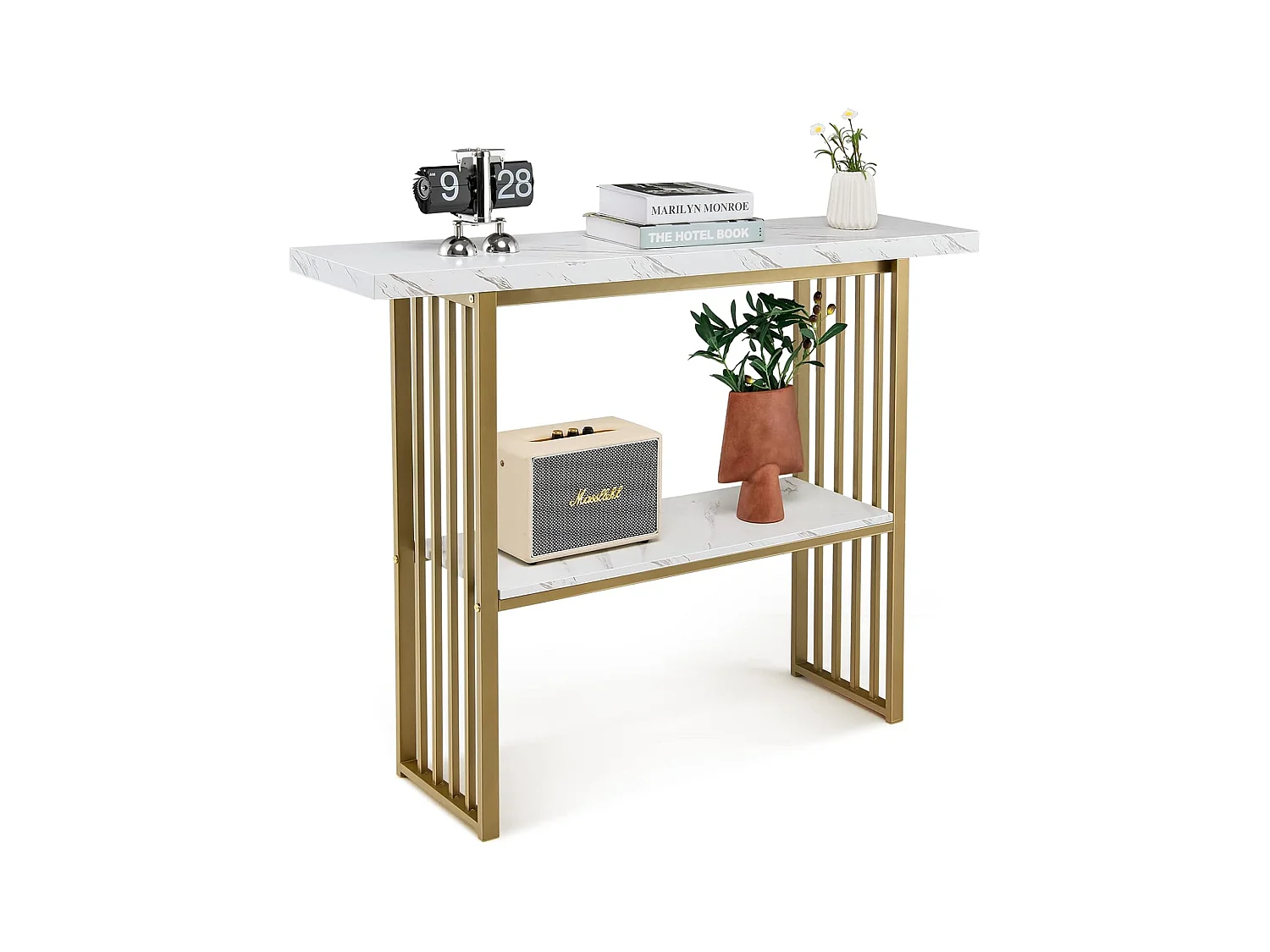 Table Console Marbre à 2 Niveaux Scandinave, Meuble d'Entrée Doré Cadre en Métal, Console Meuble pour Entrée, Salon, Chambre, Doré