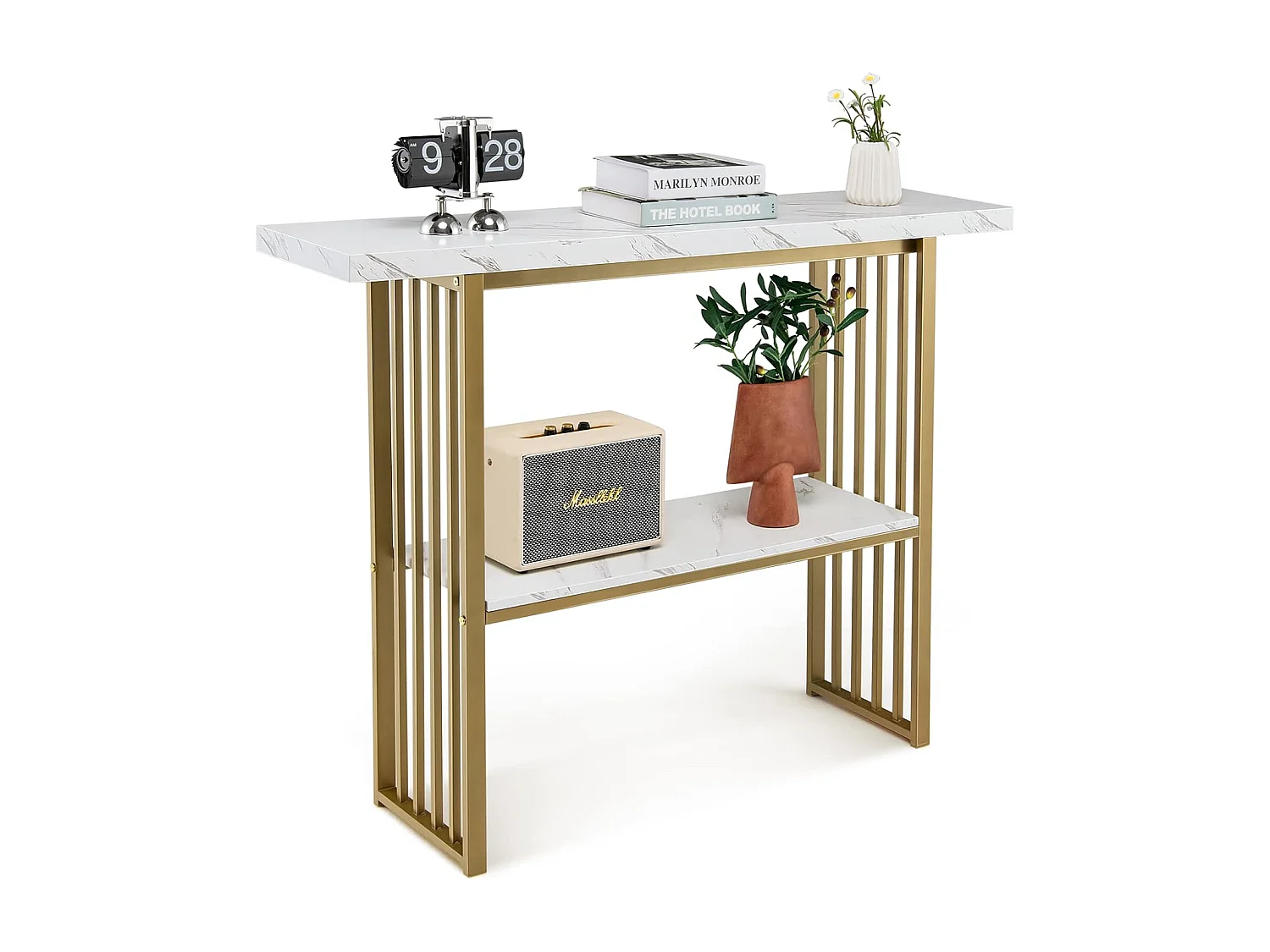 Table Console Marbre à 2 Niveaux Scandinave, Meuble d'Entrée Doré Cadre en Métal, Console Meuble pour Entrée, Salon, Chambre, Doré