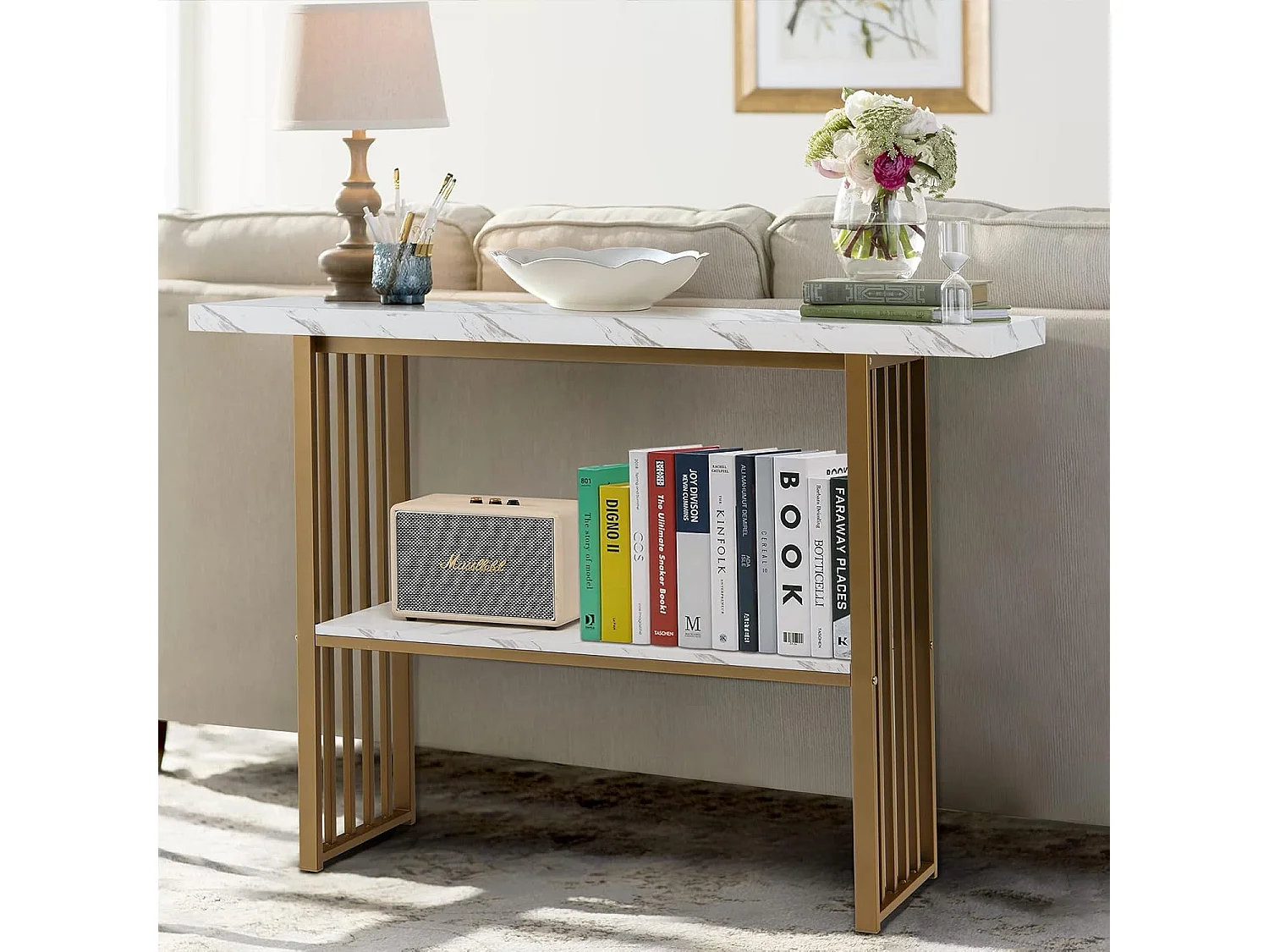 Table Console Marbre à 2 Niveaux Scandinave, Meuble d'Entrée Doré Cadre en Métal, Console Meuble pour Entrée, Salon, Chambre, Doré