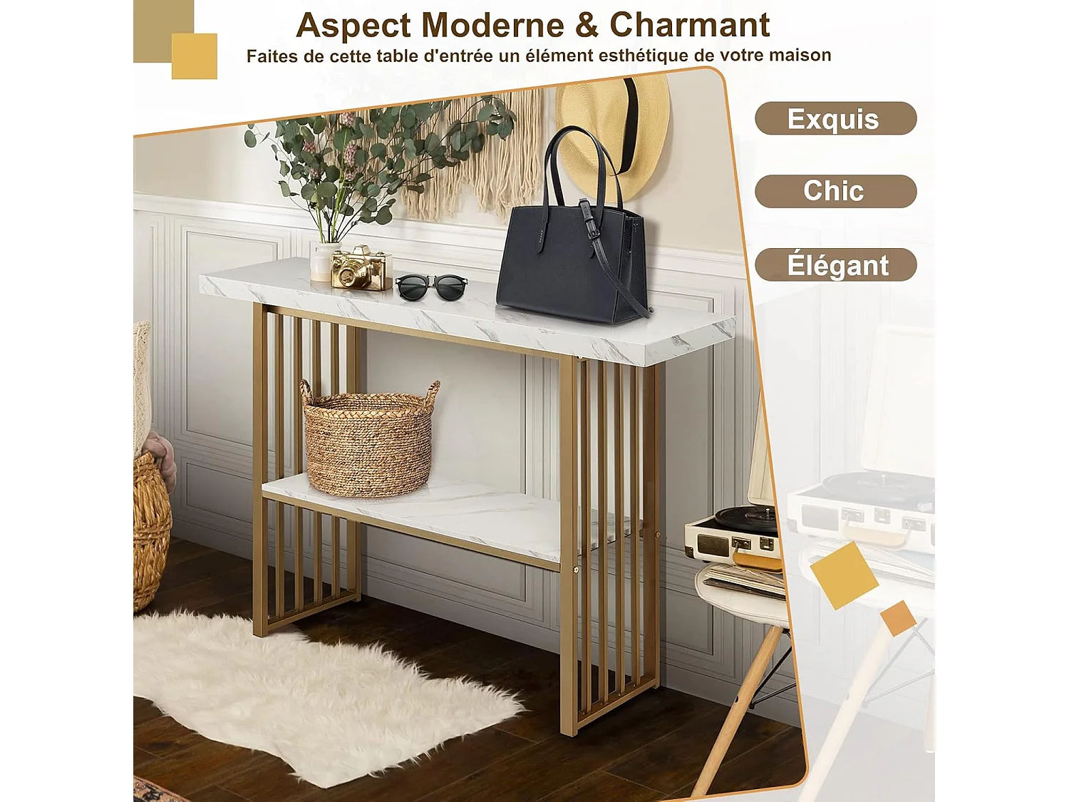 Table Console Marbre à 2 Niveaux Scandinave, Meuble d'Entrée Doré Cadre en Métal, Console Meuble pour Entrée, Salon, Chambre, Doré