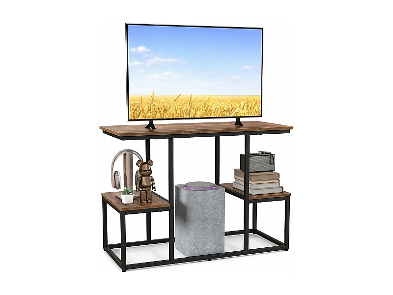 Console meuble 3 étagères, meuble tv pour télé 50", marron rustique, 108 x 40 x 65 cm
