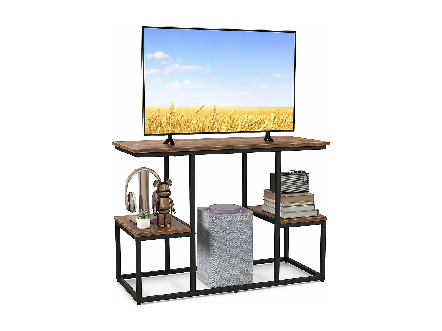 Console meuble 3 étagères, meuble tv pour télé 50", marron rustique, 108 x 40 x 65 cm