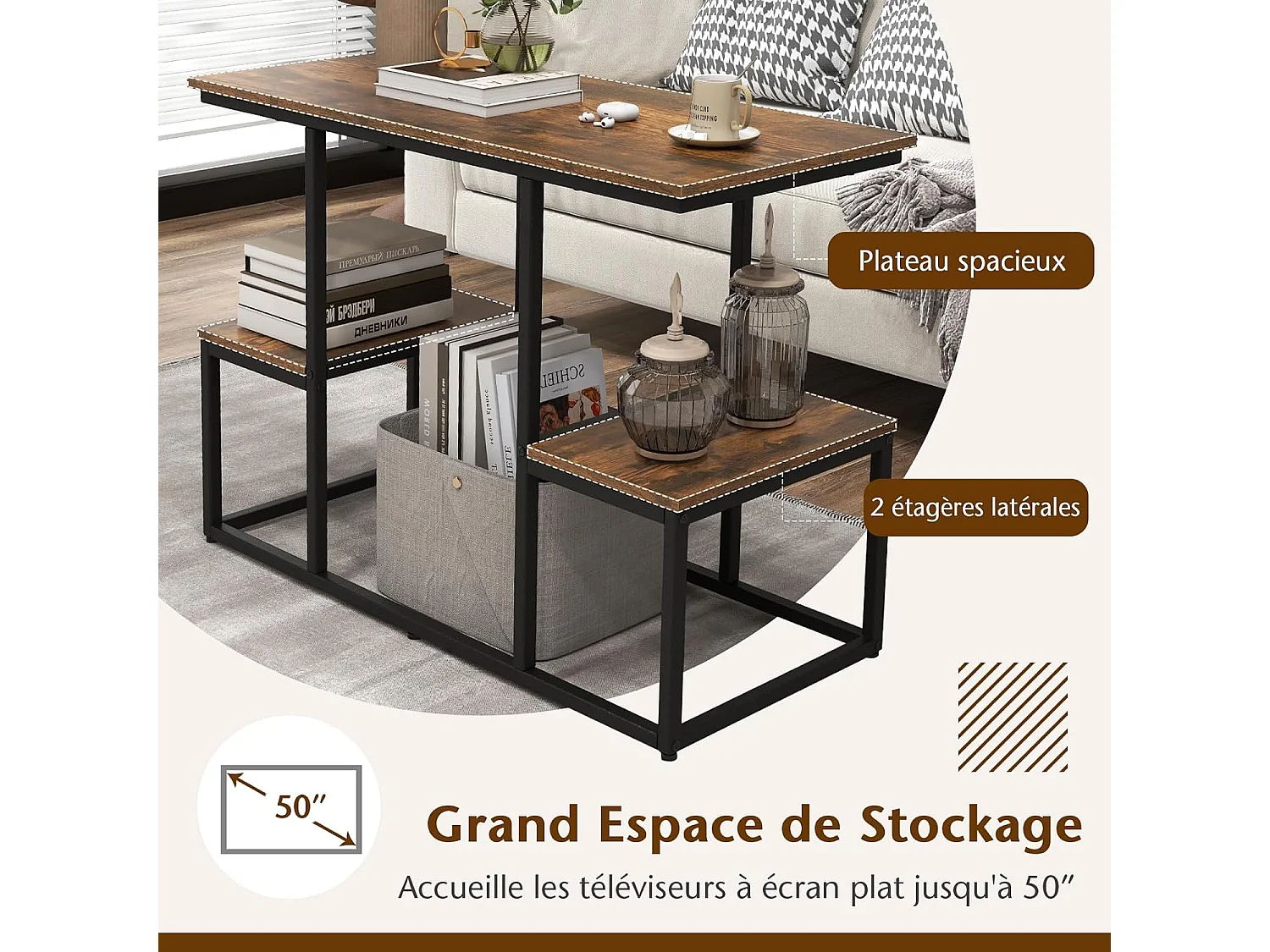 Console meuble 3 étagères, meuble tv pour télé 50", marron rustique, 108 x 40 x 65 cm