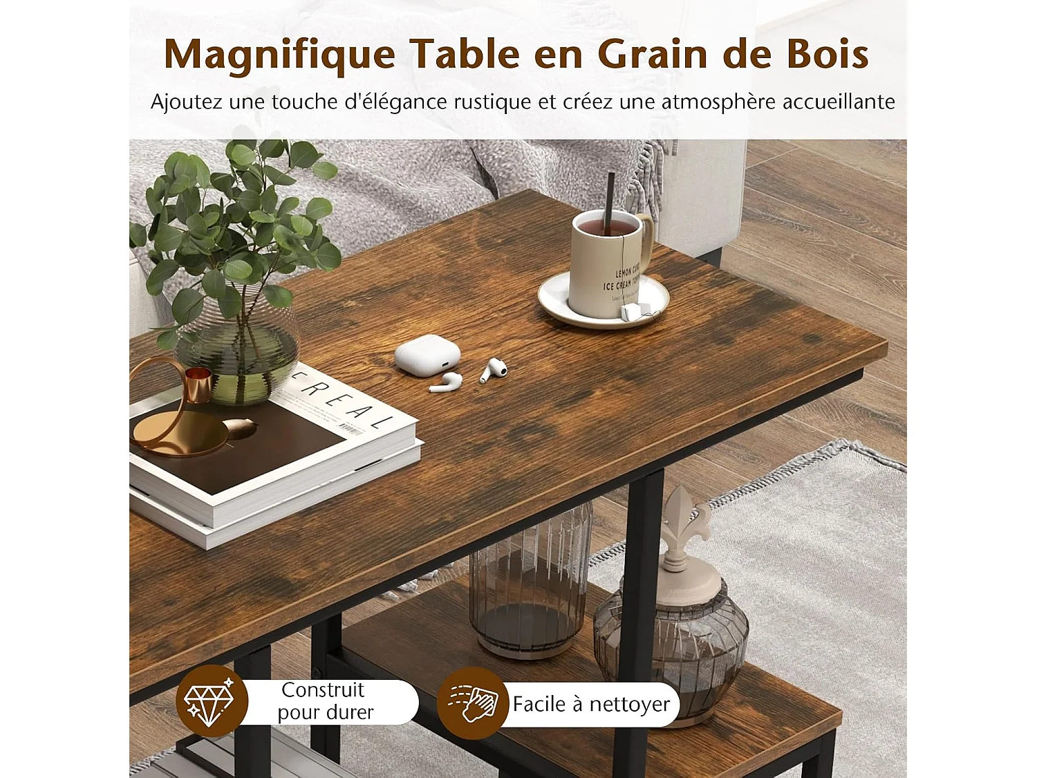 Console meuble 3 étagères, meuble tv pour télé 50", marron rustique, 108 x 40 x 65 cm