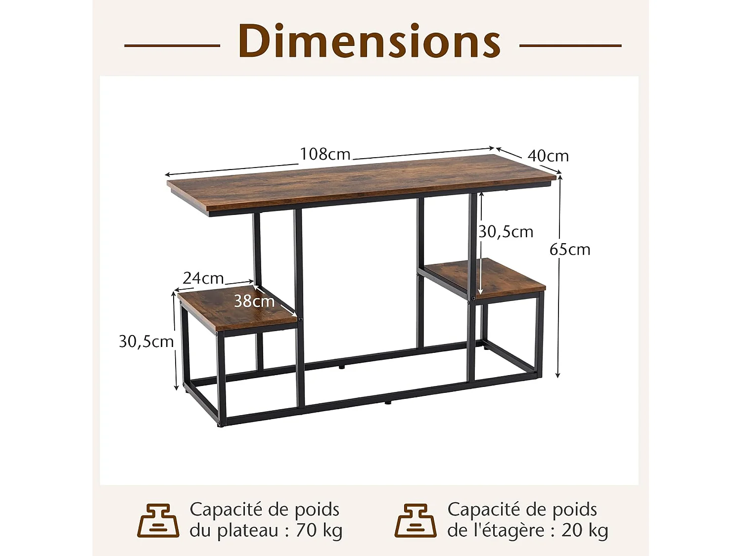 Console meuble 3 étagères, meuble tv pour télé 50", marron rustique, 108 x 40 x 65 cm