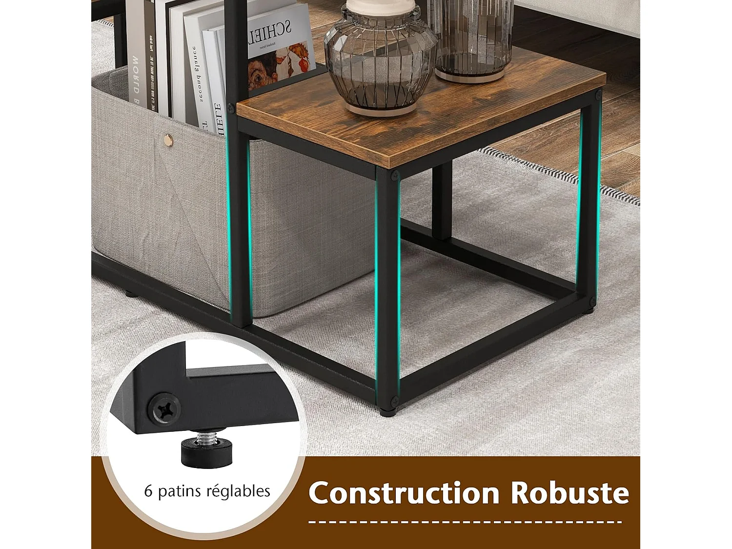 Console meuble 3 étagères, meuble tv pour télé 50", marron rustique, 108 x 40 x 65 cm