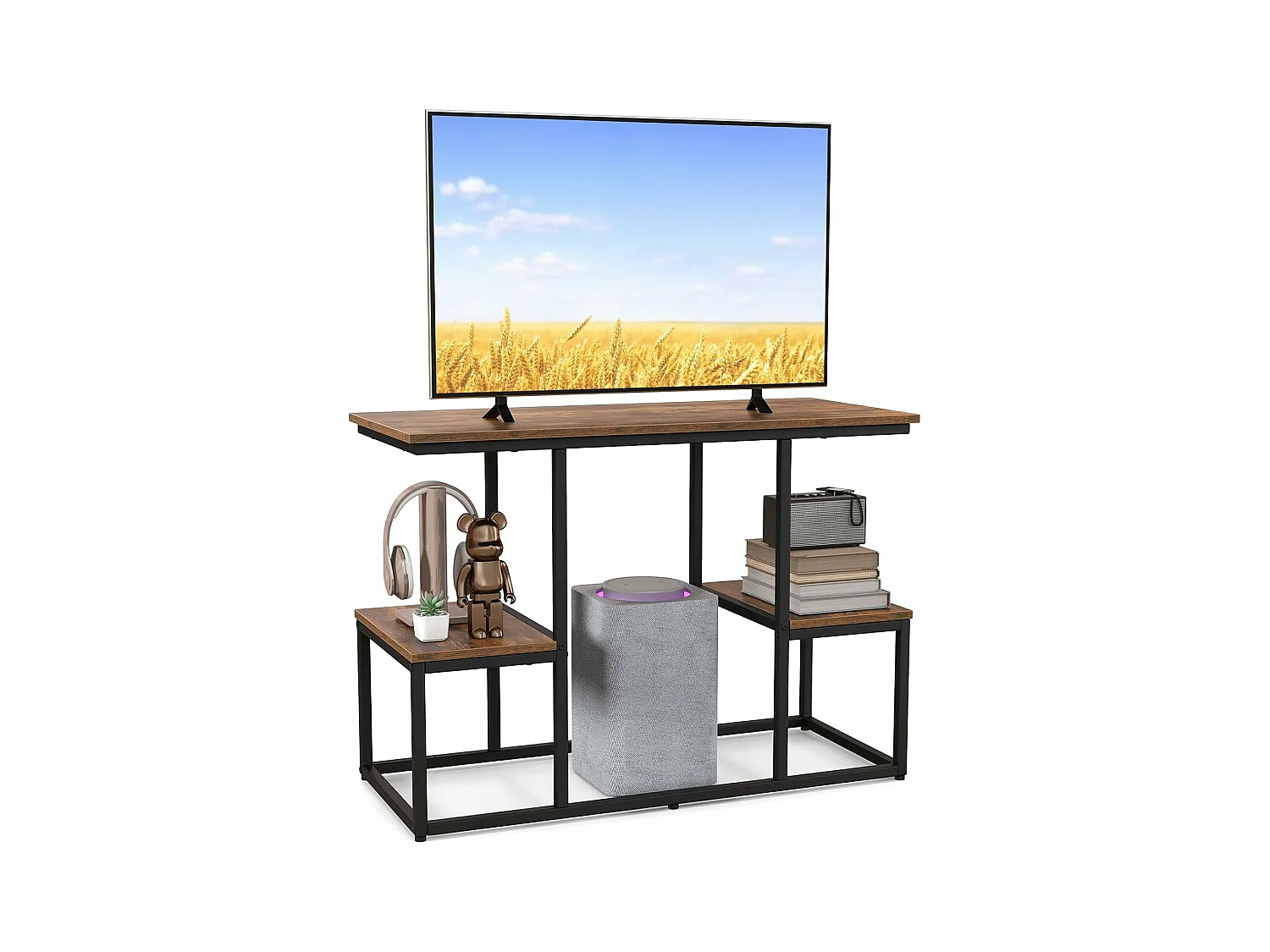 Console meuble 3 étagères, meuble tv pour télé 50", marron rustique, 108 x 40 x 65 cm