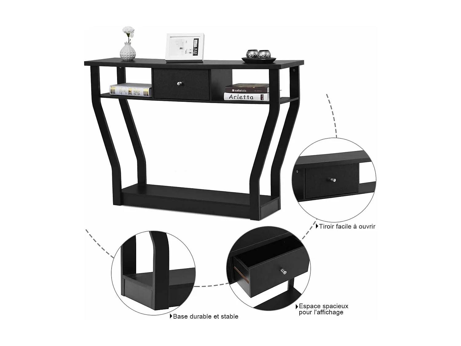 Table console en mdf avec un tiroir et 3 compartiments,120x30x81cm noir