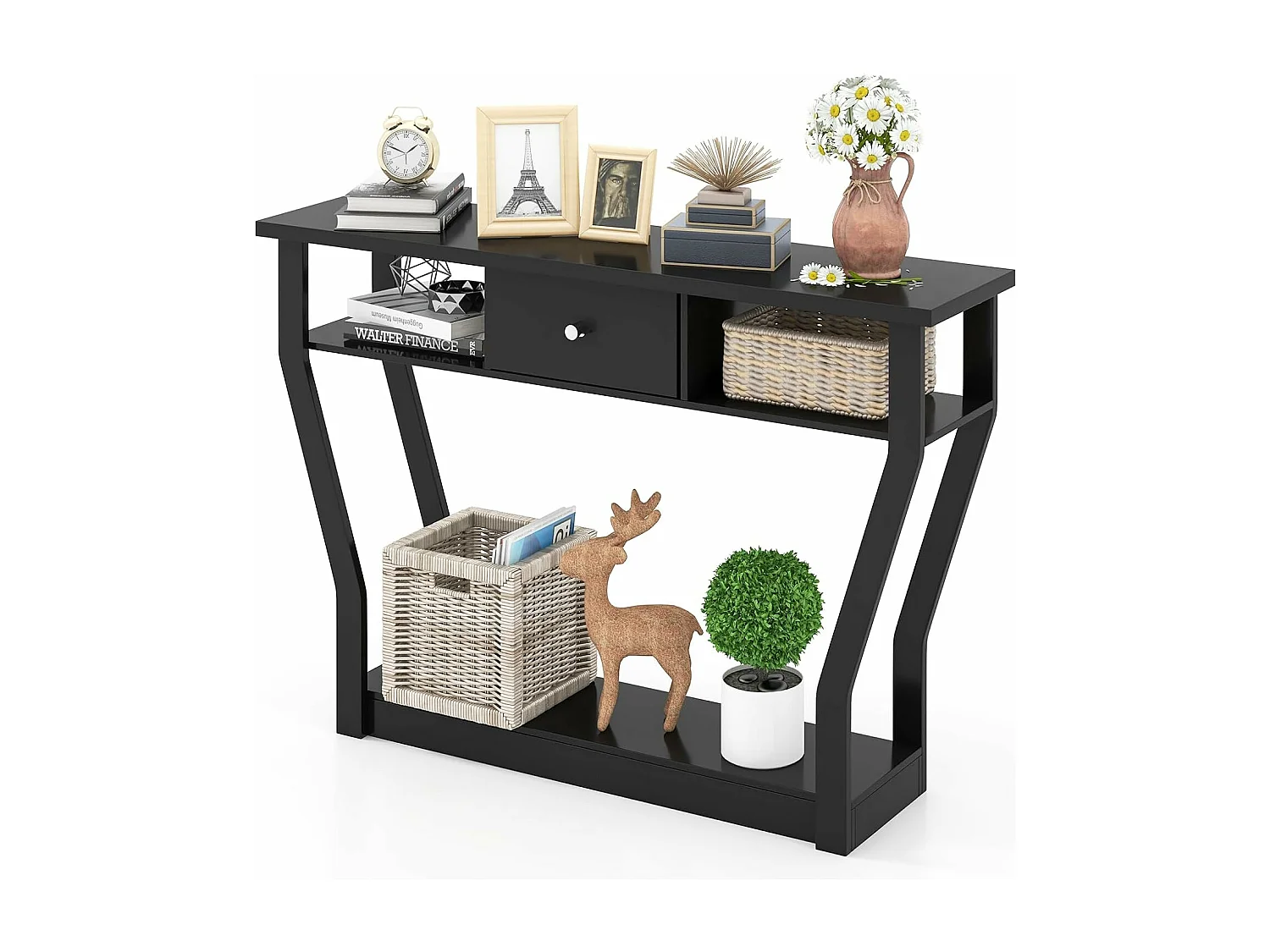 Table console en mdf avec un tiroir et 3 compartiments,120x30x81cm noir