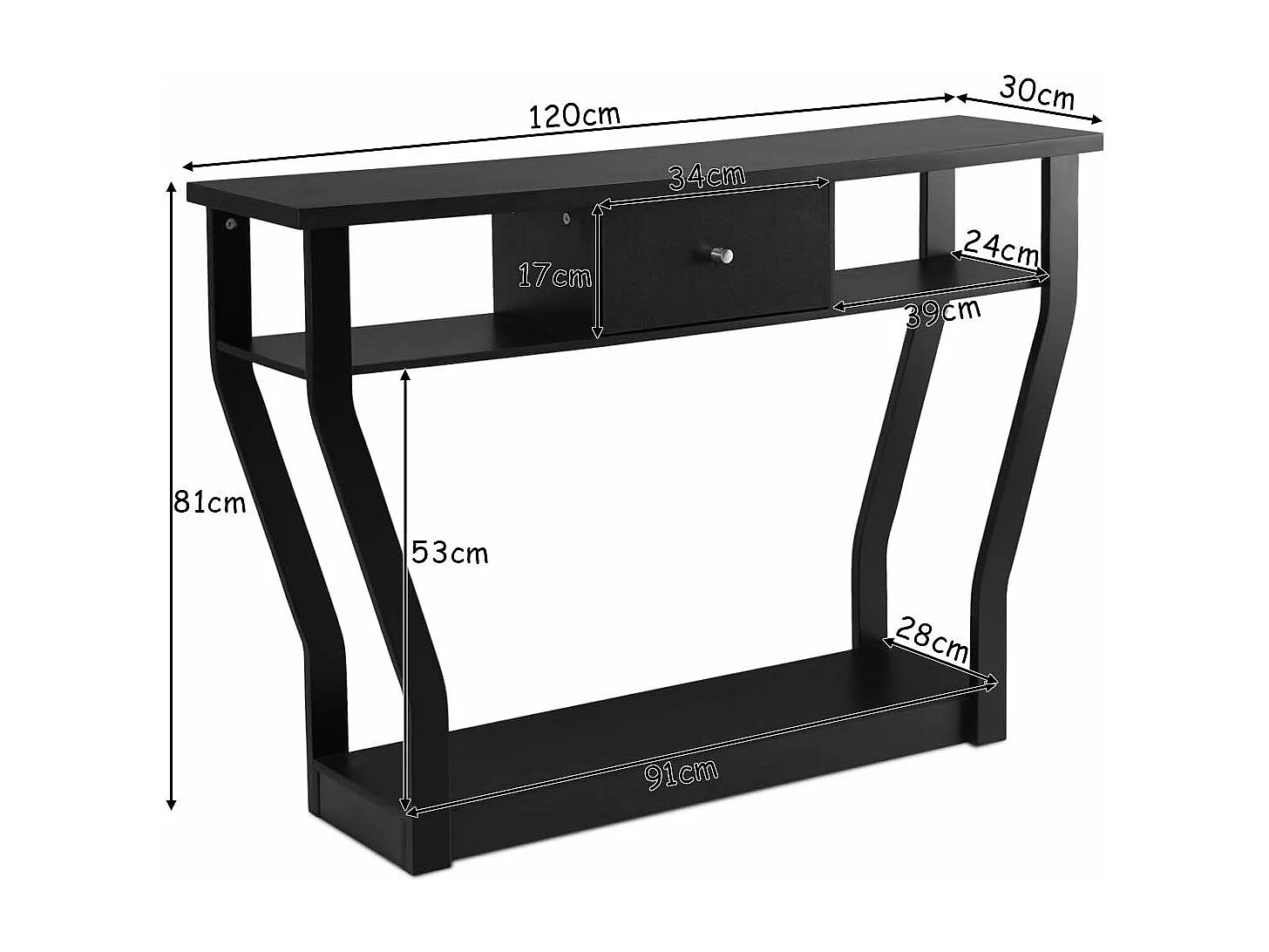 Table console en mdf avec un tiroir et 3 compartiments,120x30x81cm noir