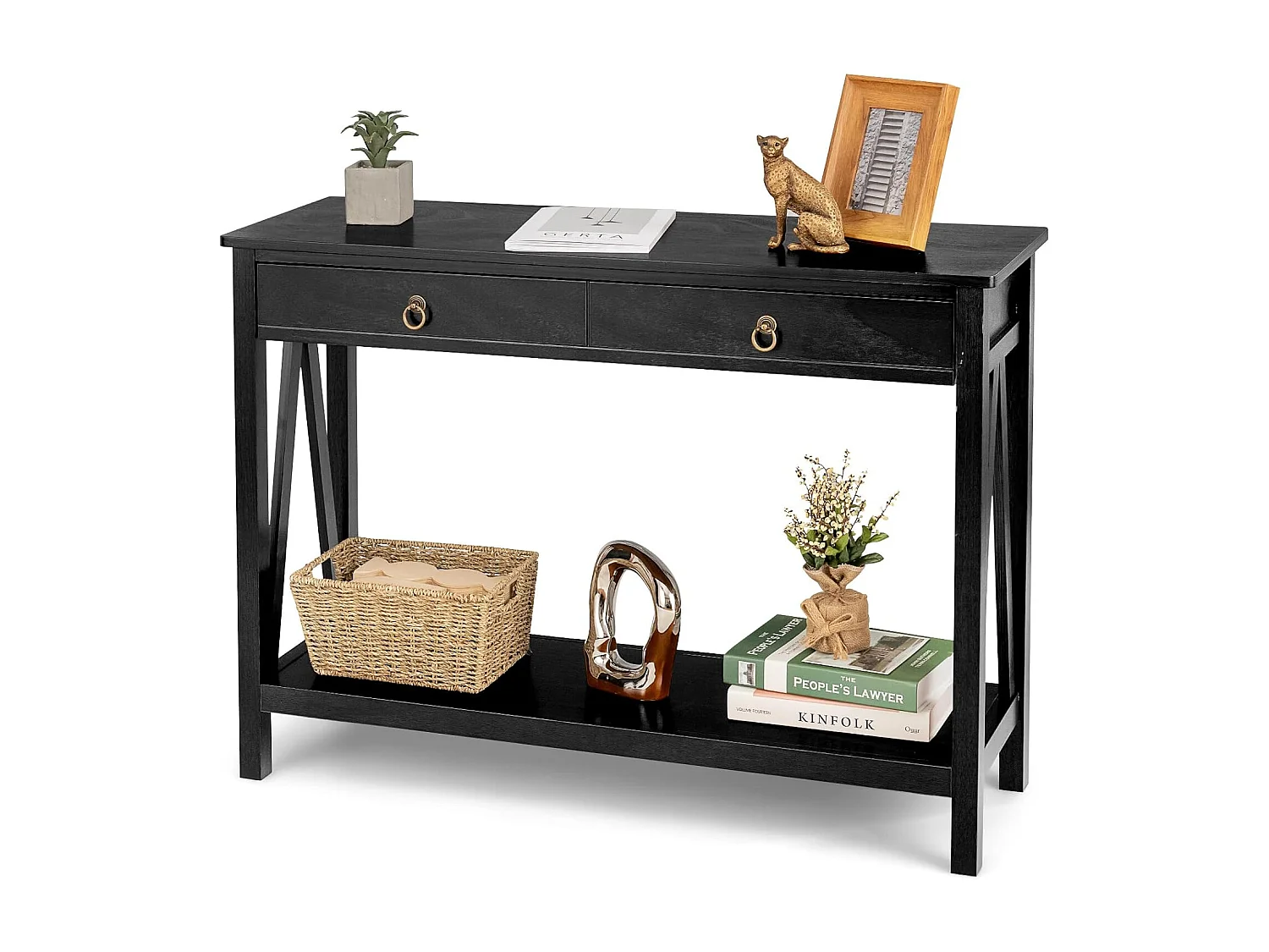 Table console 2 tiroirs double plateau, poignée ronde, 106,5 x 35,5 x 78 cm, noir