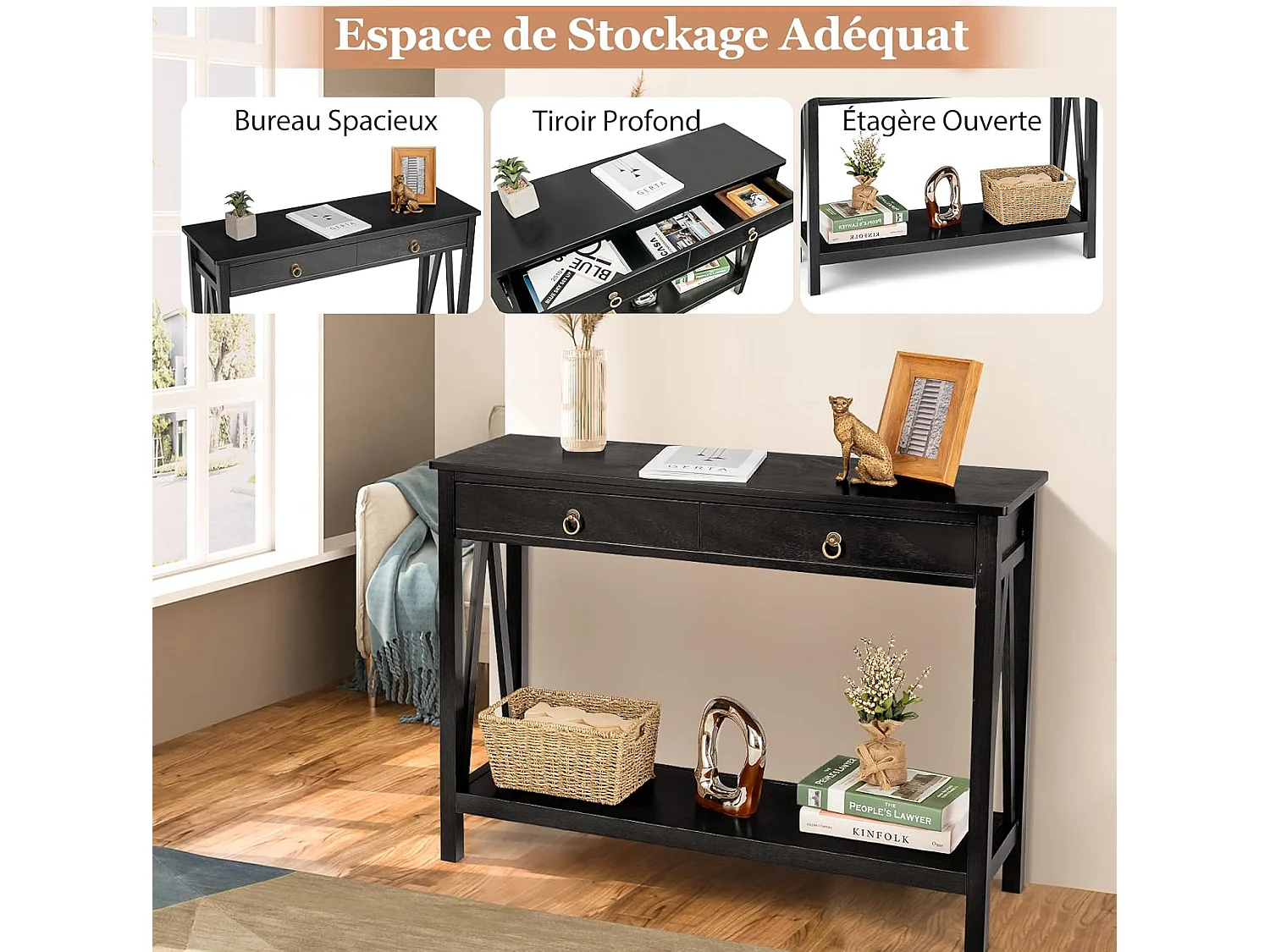 Table console 2 tiroirs double plateau, poignée ronde, 106,5 x 35,5 x 78 cm, noir