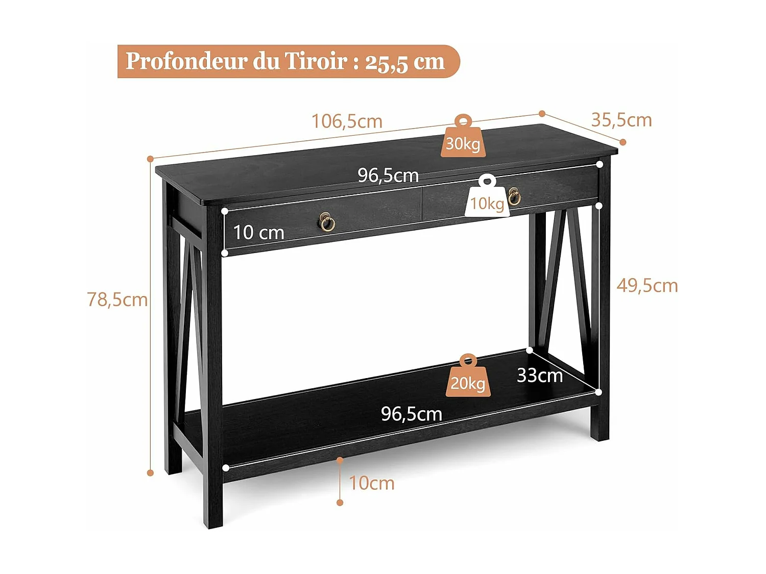 Table console 2 tiroirs double plateau, poignée ronde, 106,5 x 35,5 x 78 cm, noir