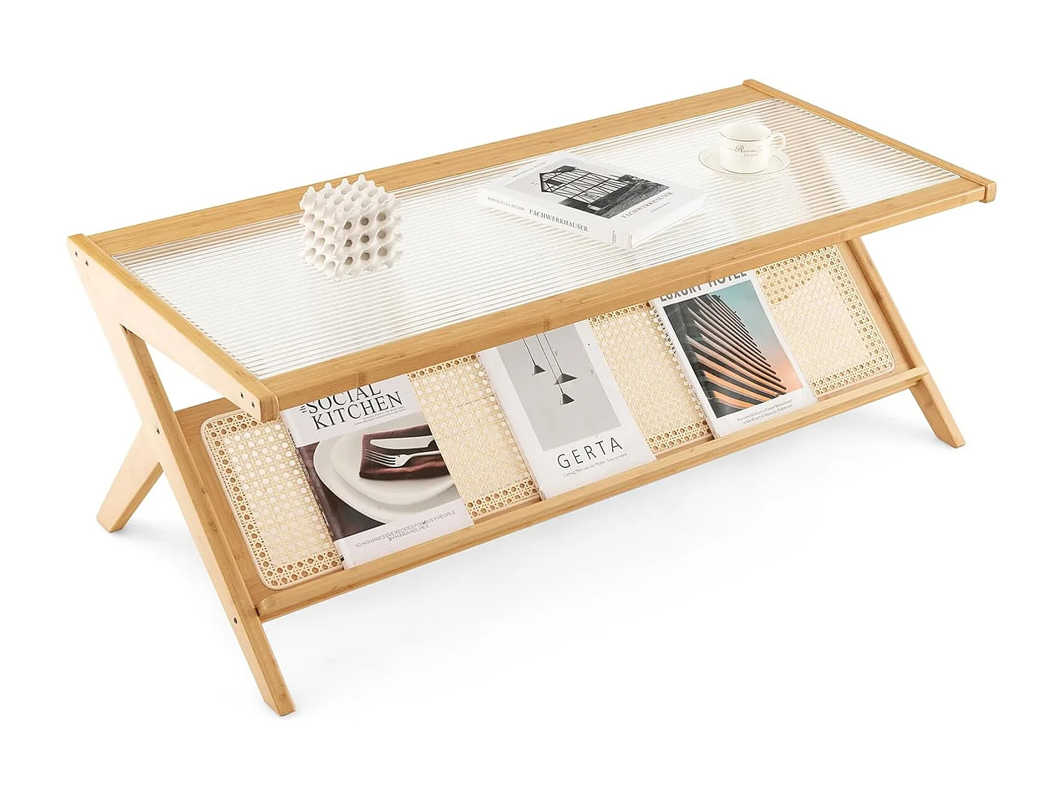 Table basse, table salon 120 cm en bambou avec plateau en verre trempé, style bohême