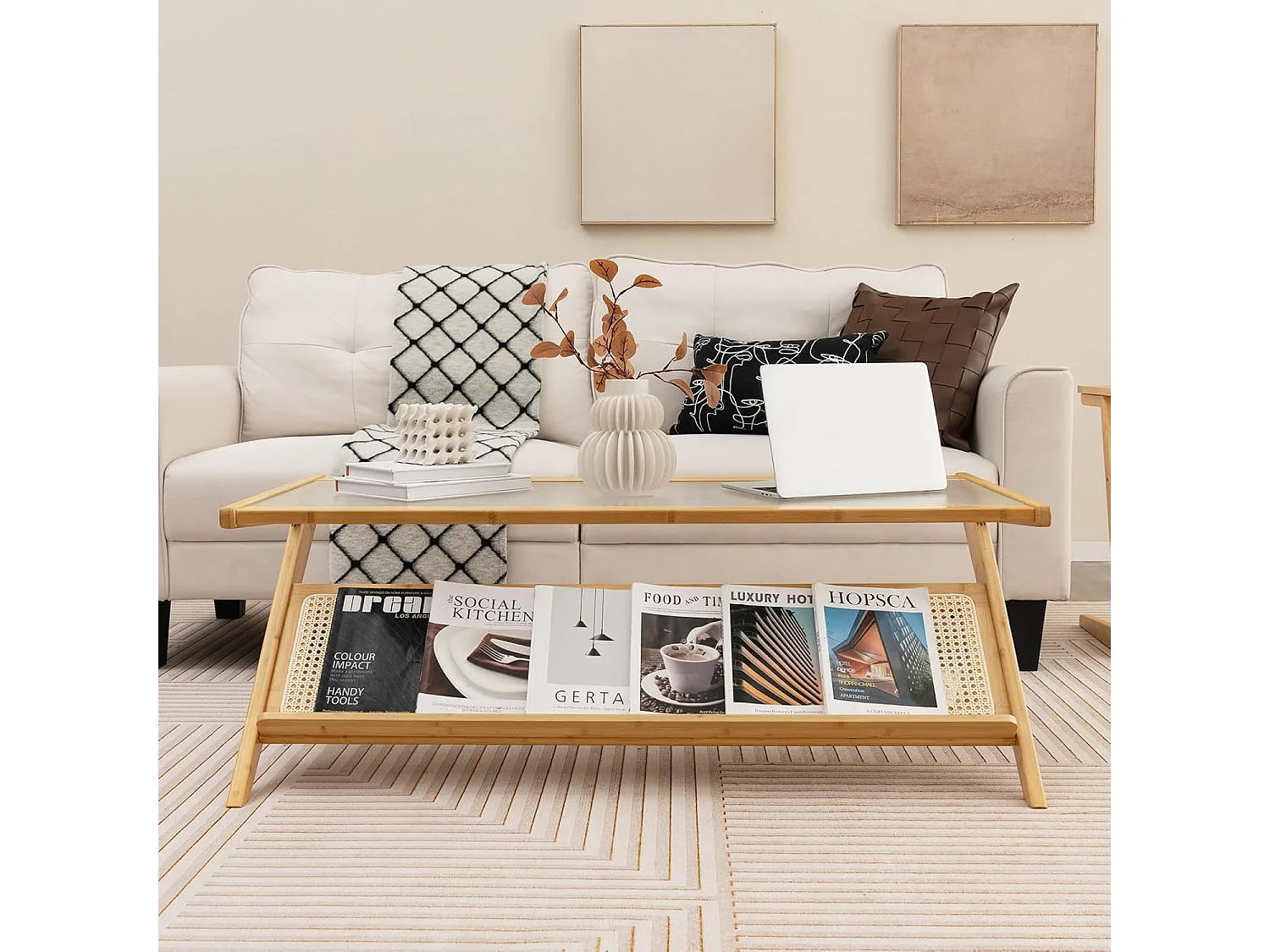 Table basse, table salon 120 cm en bambou avec plateau en verre trempé, style bohême