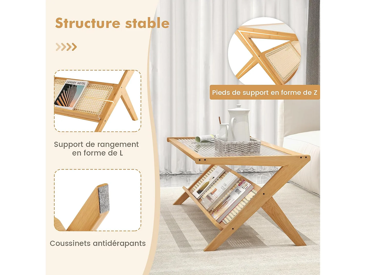 Table basse, table salon 120 cm en bambou avec plateau en verre trempé, style bohême