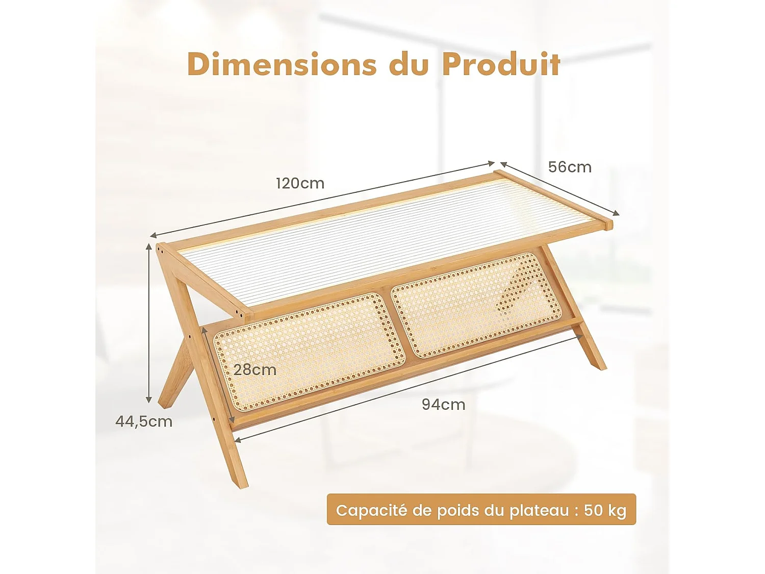 Table basse, table salon 120 cm en bambou avec plateau en verre trempé, style bohême