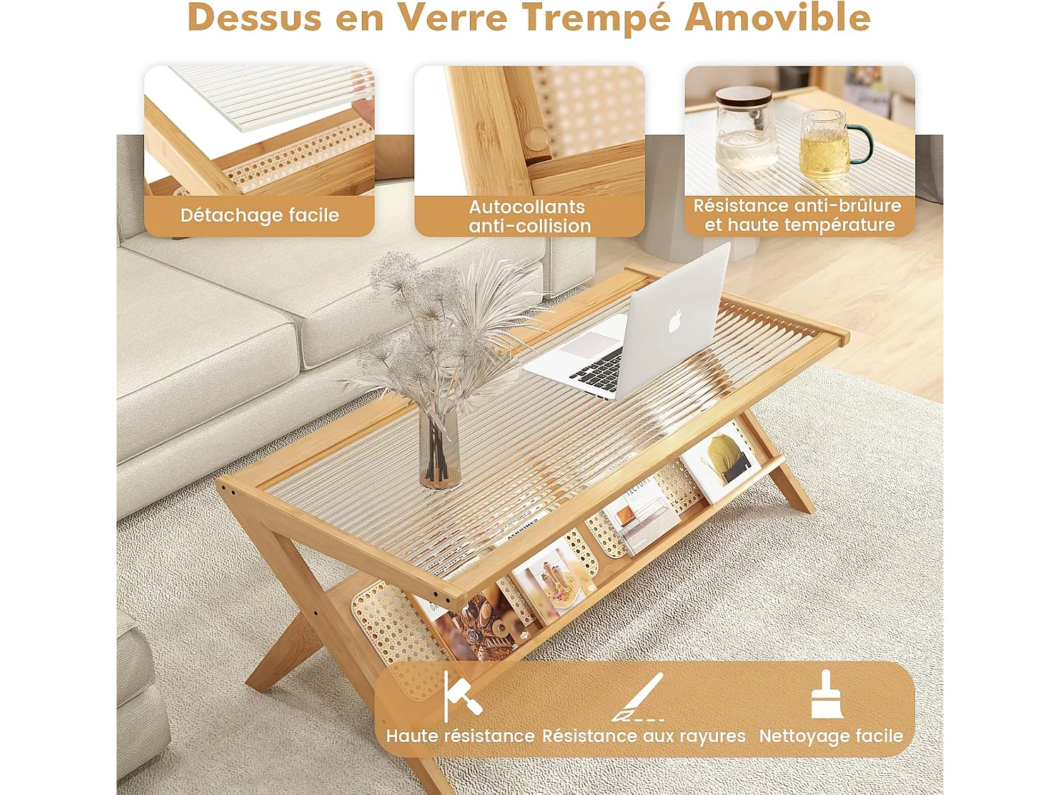 Table basse, table salon 120 cm en bambou avec plateau en verre trempé, style bohême