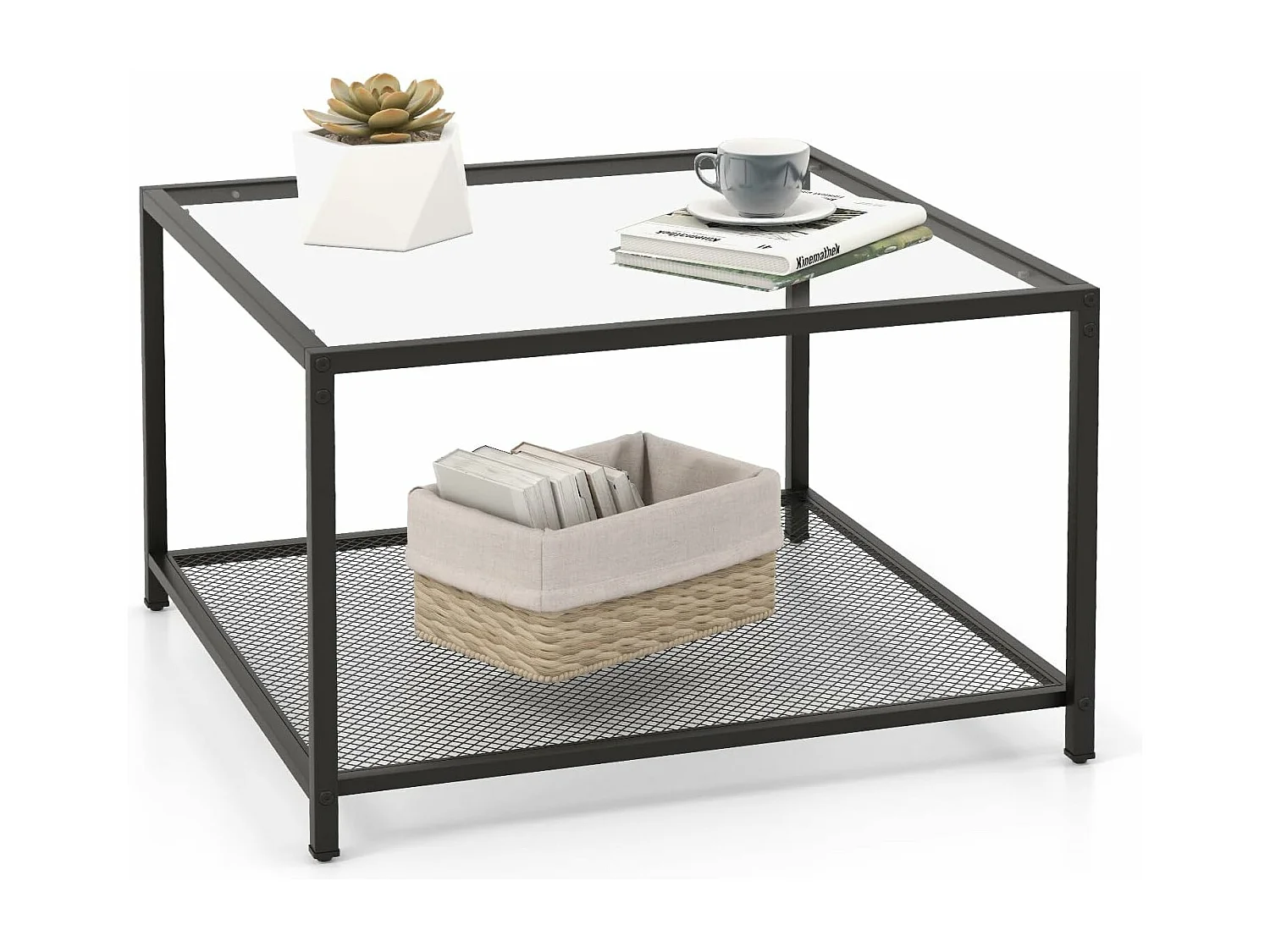 Table basse carrée, table basse verre avec étagère en maille, 70 x 70 x 45 cm transparent