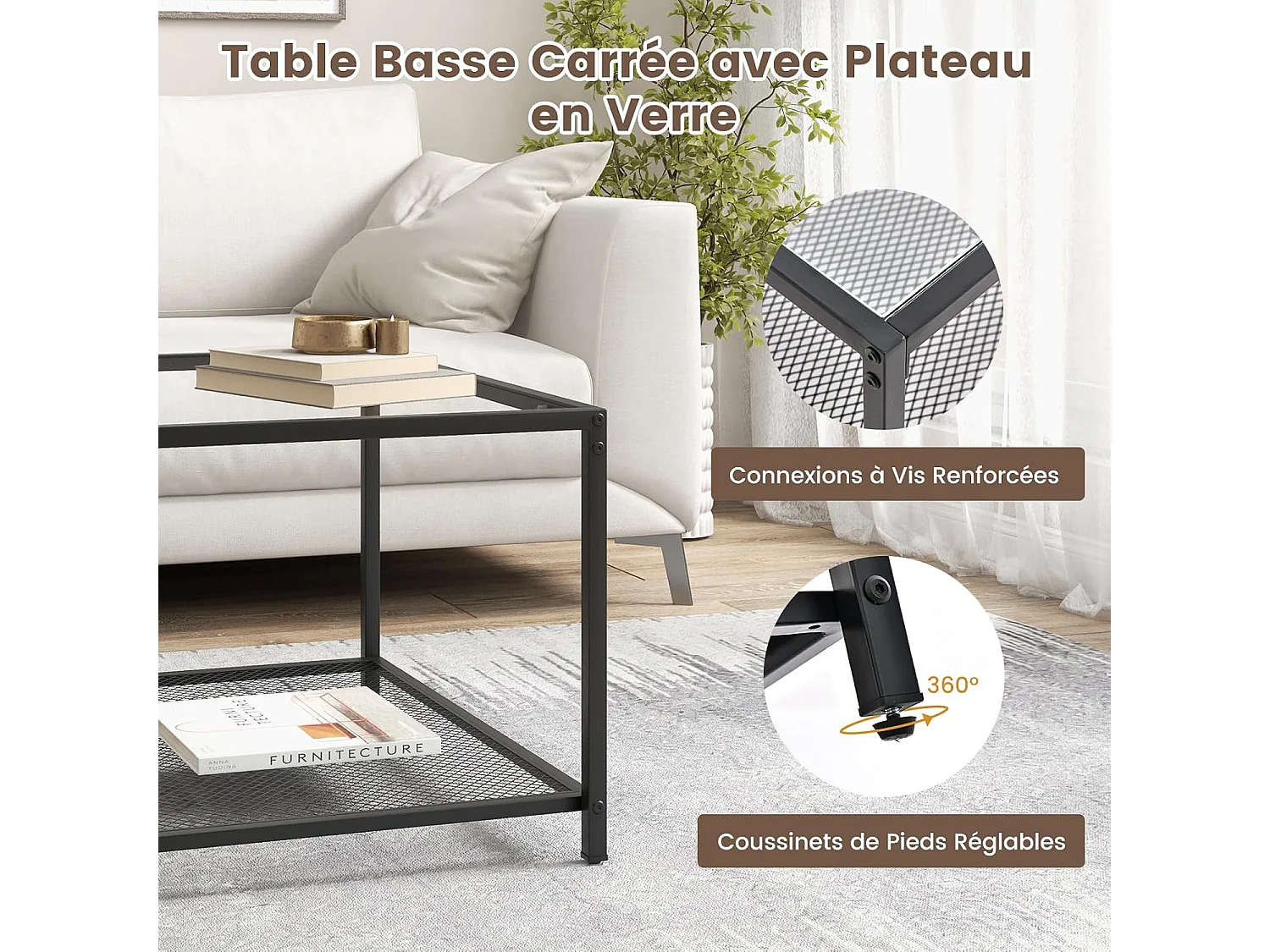 Table basse carrée, table basse verre avec étagère en maille, 70 x 70 x 45 cm transparent