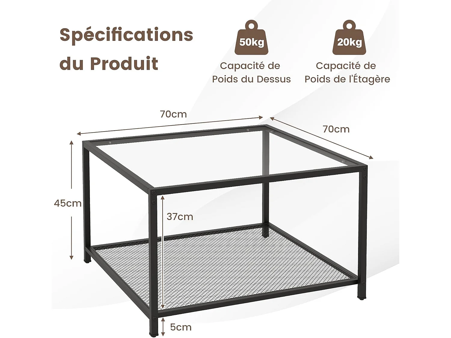 Table basse carrée, table basse verre avec étagère en maille, 70 x 70 x 45 cm transparent