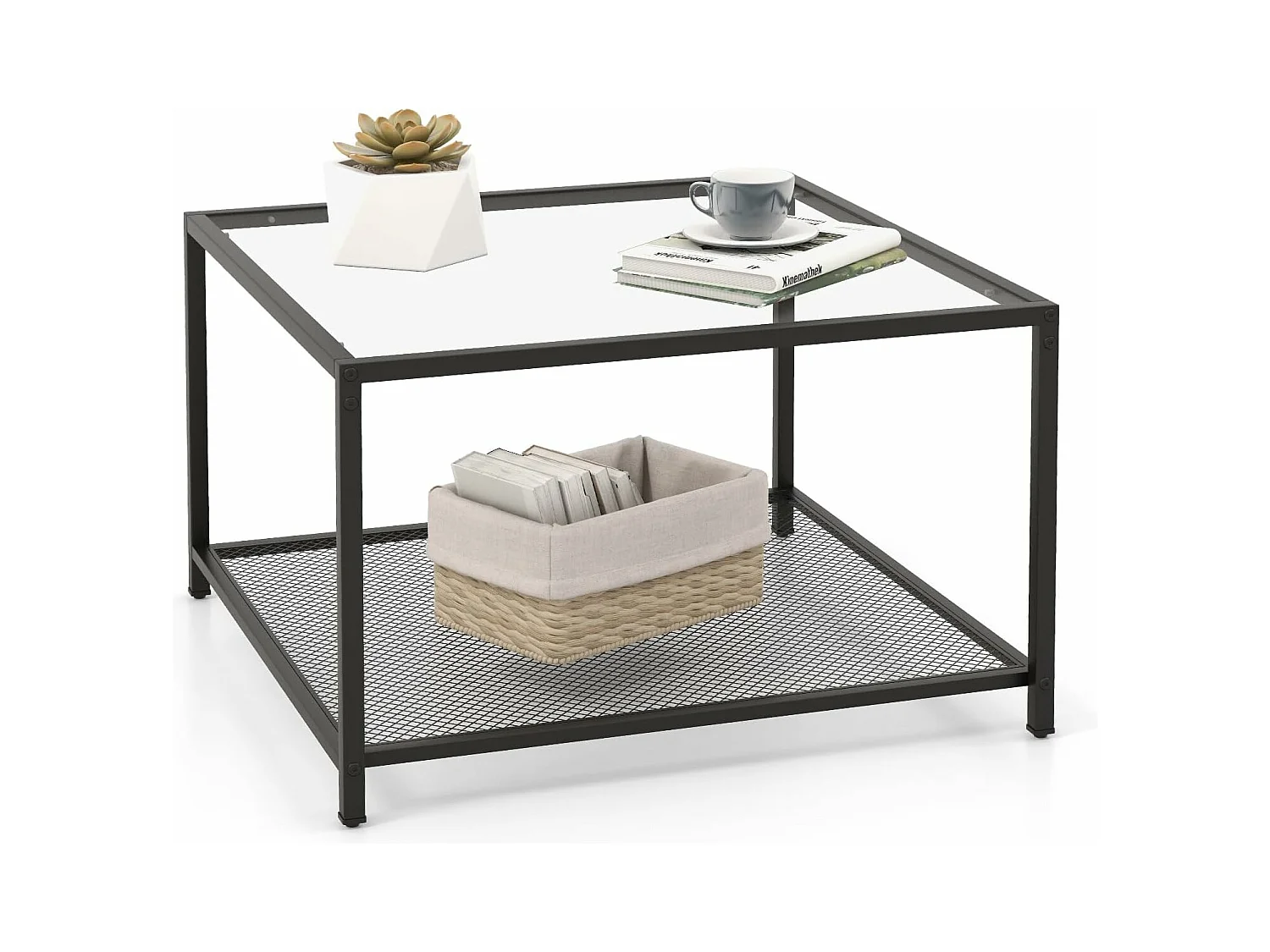 Table basse carrée, table basse verre avec étagère en maille, 70 x 70 x 45 cm transparent