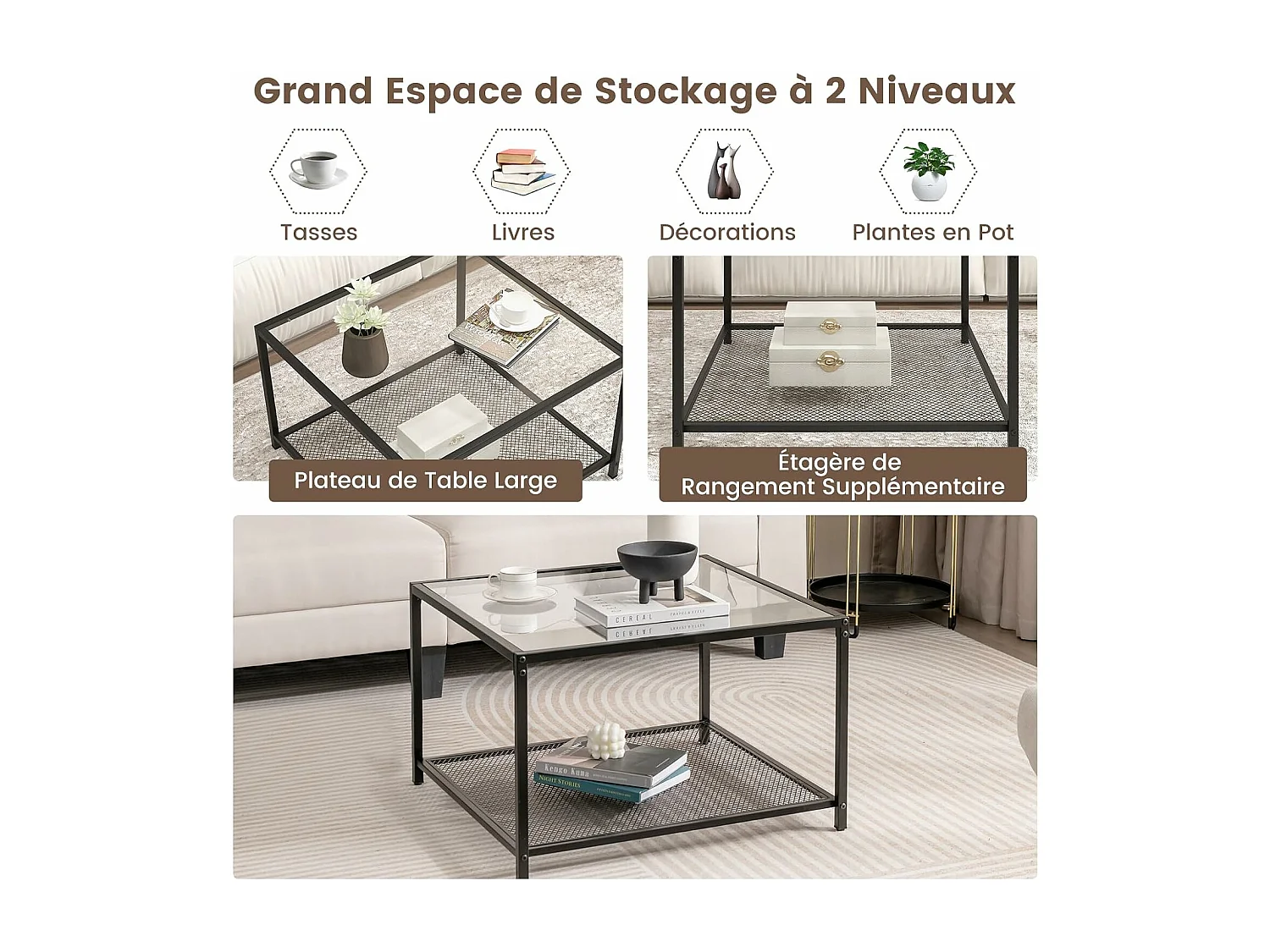 Table basse carrée, table basse verre avec étagère en maille, 70 x 70 x 45 cm transparent