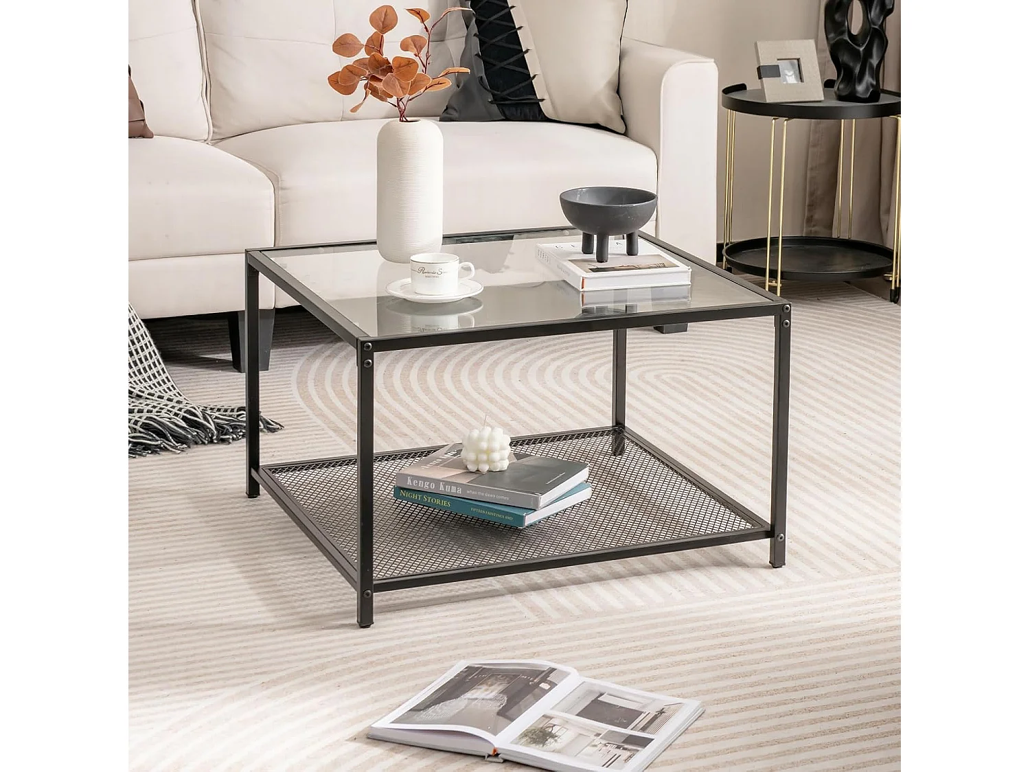 Table basse carrée, table basse verre avec étagère en maille, 70 x 70 x 45 cm transparent