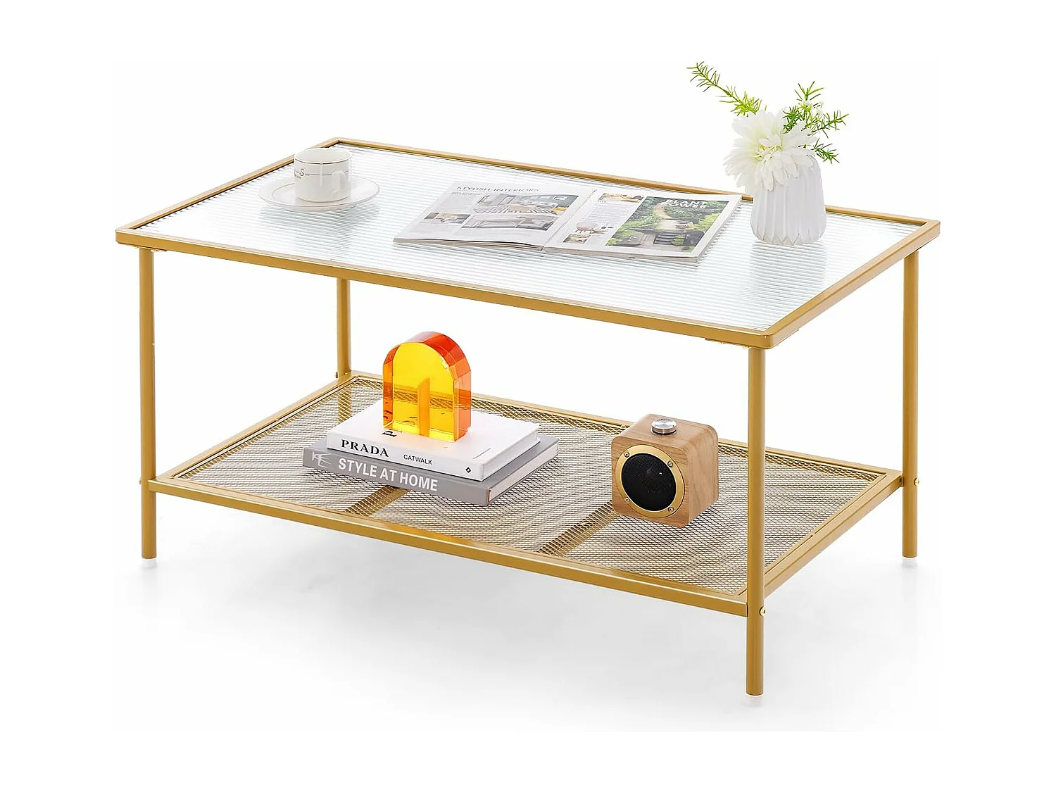 Table Basse Rectangulaire, Table Basse Verre avec Étagère en Maille, Cadre en Métal Doré, Design Moderne, Table Salon, Assemblage Facile, 90 x 50 x 46 cm