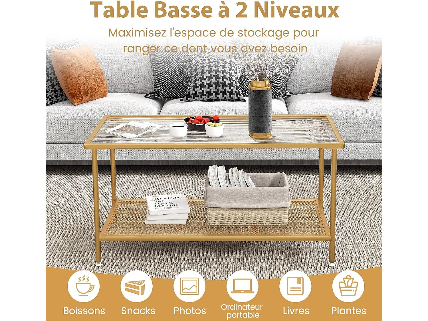 Table Basse Rectangulaire, Table Basse Verre avec Étagère en Maille, Cadre en Métal Doré, Design Moderne, Table Salon, Assemblage Facile, 90 x 50 x 46 cm
