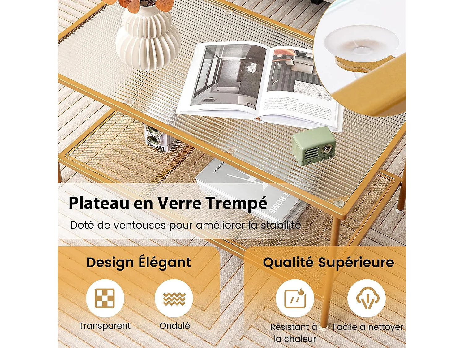 Table Basse Rectangulaire, Table Basse Verre avec Étagère en Maille, Cadre en Métal Doré, Design Moderne, Table Salon, Assemblage Facile, 90 x 50 x 46 cm