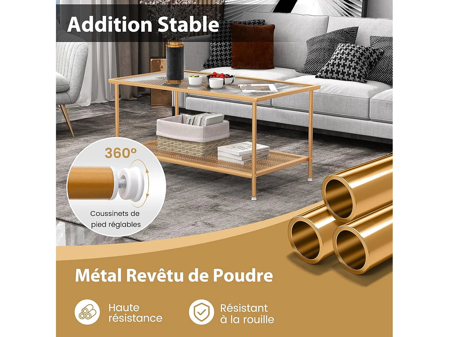 Table Basse Rectangulaire, Table Basse Verre avec Étagère en Maille, Cadre en Métal Doré, Design Moderne, Table Salon, Assemblage Facile, 90 x 50 x 46 cm