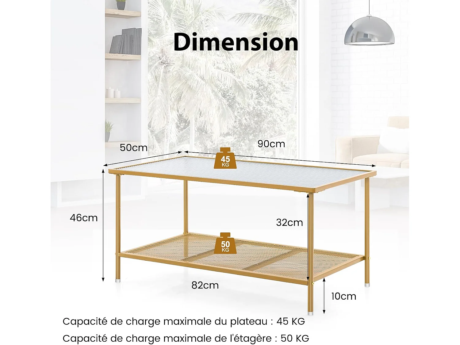 Table Basse Rectangulaire, Table Basse Verre avec Étagère en Maille, Cadre en Métal Doré, Design Moderne, Table Salon, Assemblage Facile, 90 x 50 x 46 cm