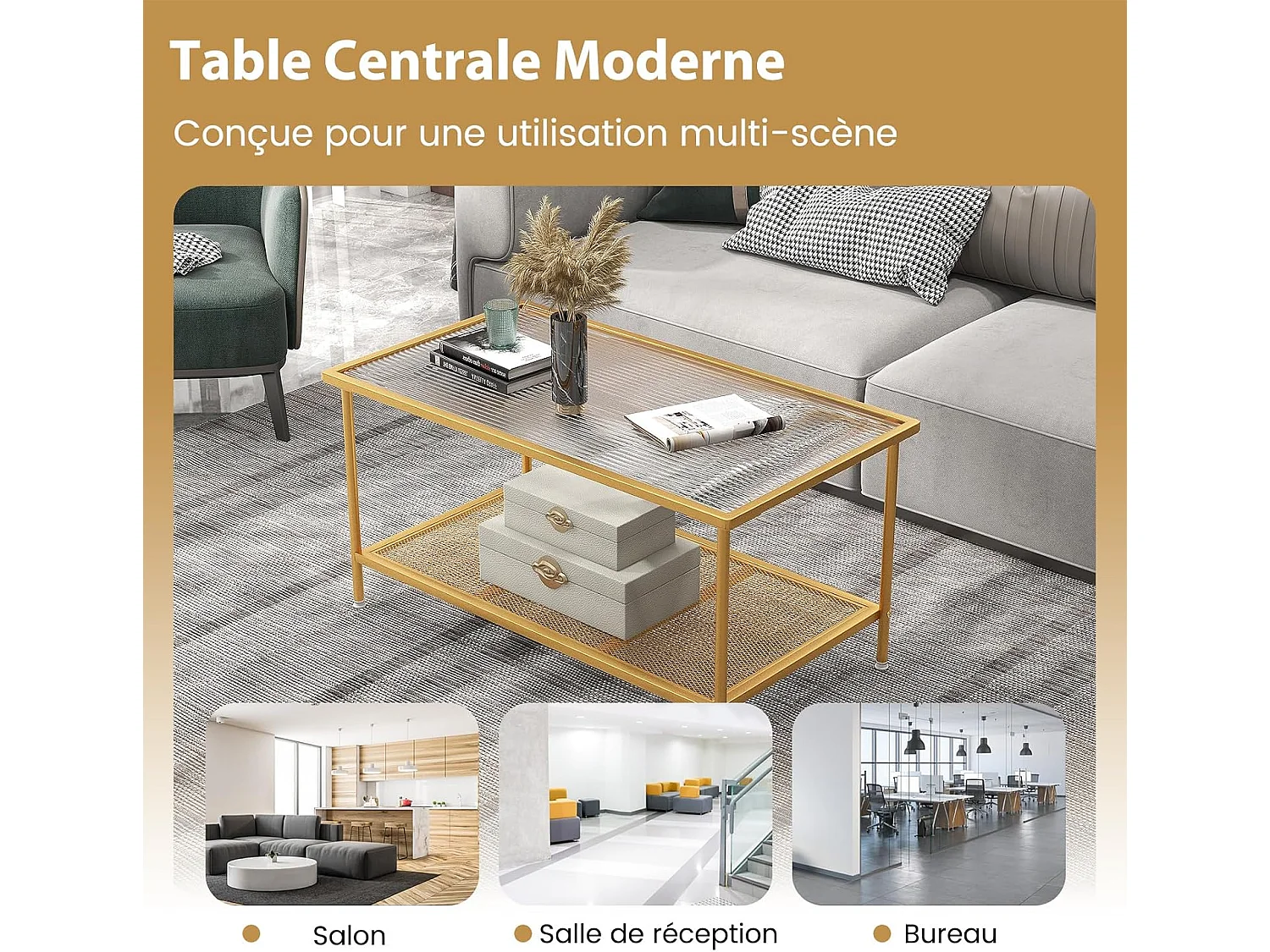 Table Basse Rectangulaire, Table Basse Verre avec Étagère en Maille, Cadre en Métal Doré, Design Moderne, Table Salon, Assemblage Facile, 90 x 50 x 46 cm